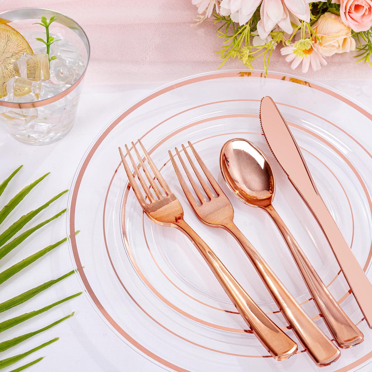 bUCLA 300PCS Rose Gold Plastic Dinnerware - Clear Dinnerware Set Disposable Include 50 Dinner Plates,50 Dessert Plates,50 Knives,50 Forks,50 Spoons,50 Cups for Party & Wedding