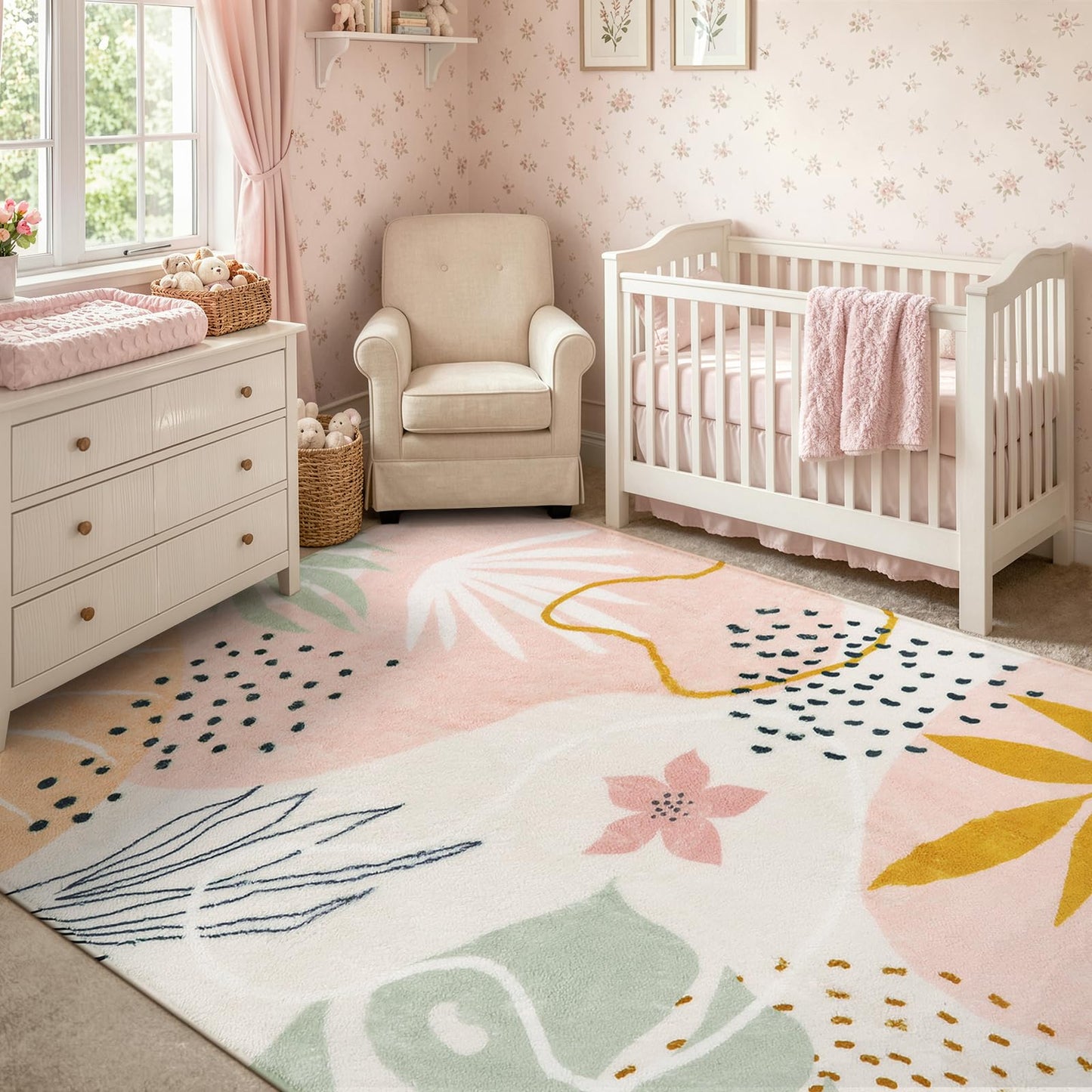 Lahome Pink Boho Bedroom Rug 5x7, Washable Non Slip Soft Botanical Area Rug for Cozy Nursery Living Room Apartment Decor