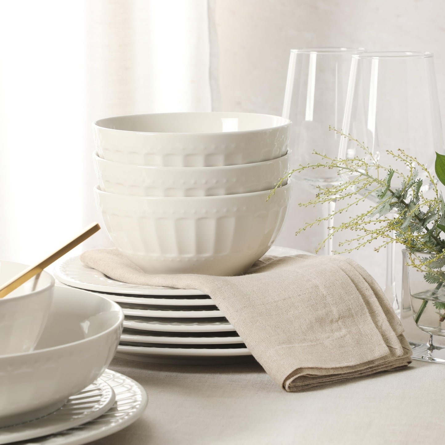 Gibson Home Melbourne White Plates and Bowls Set, 16 Piece Embossed Ceramic Dinnerware Set - Service for 4 Dishes - With Pasta Bowl