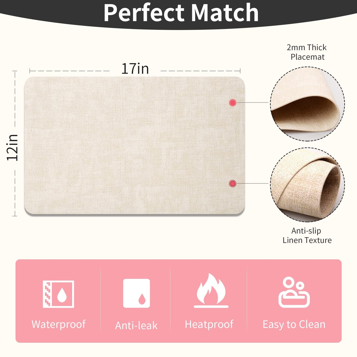 Maxpearl Faux Leather Placemats Set of 8 – Waterproof, Wipe Clean, Heat Resistant, Non-Slip Dining Table Mats for Indoor & Outdoor Use, 17”×12”, Beige