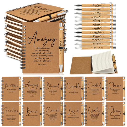 24 Sets Christian Gifts Bulk Fathers Day Inspirational Bible Verse Spiral Notebook Religious Bamboo Ballpoint Pen Journal with Scripture for Church Sunday School Teacher Graduation Pentecost (Brown)