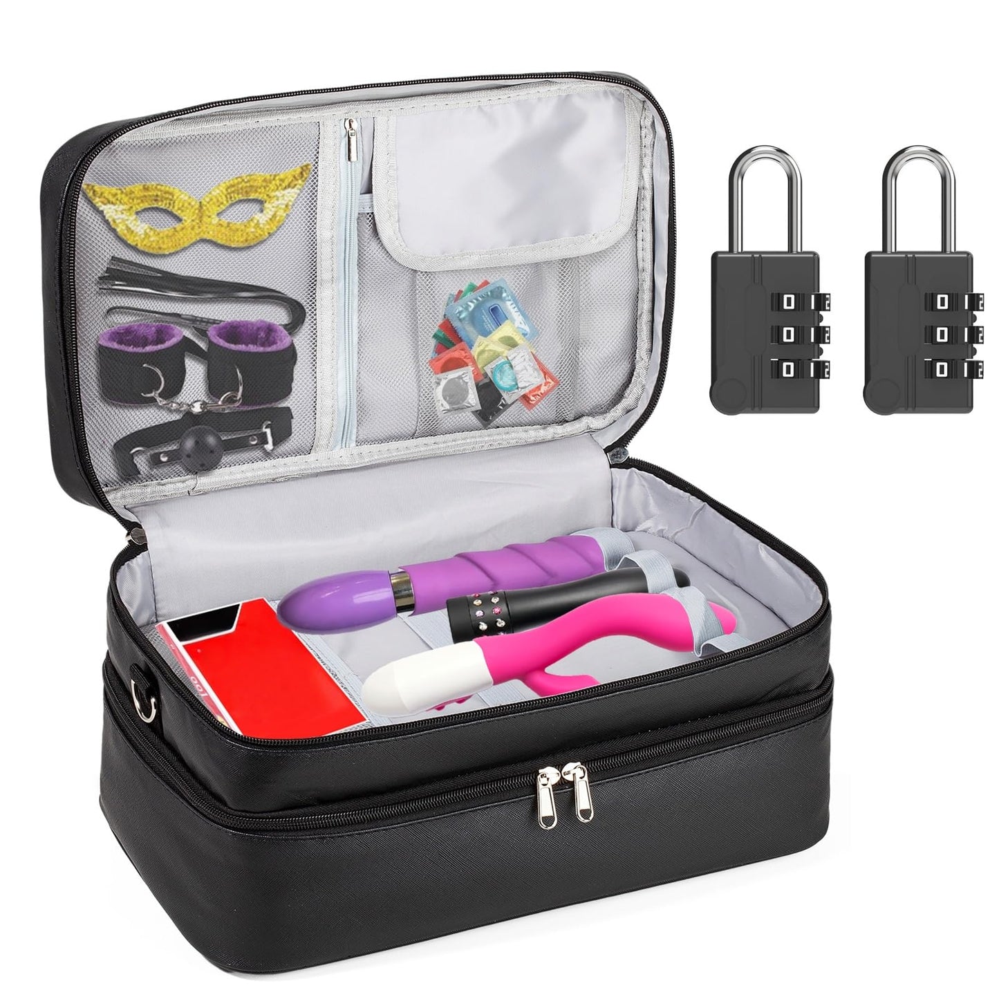 Lockable Sex Toy Storage Bag Lockable Sex Toy Box Adult Toy Gaming Storage Organizer Case – 2-Layer Discreet Toy Bag with Dual Locks, Reusable Storage Box and Toy Bags for Women and Men
