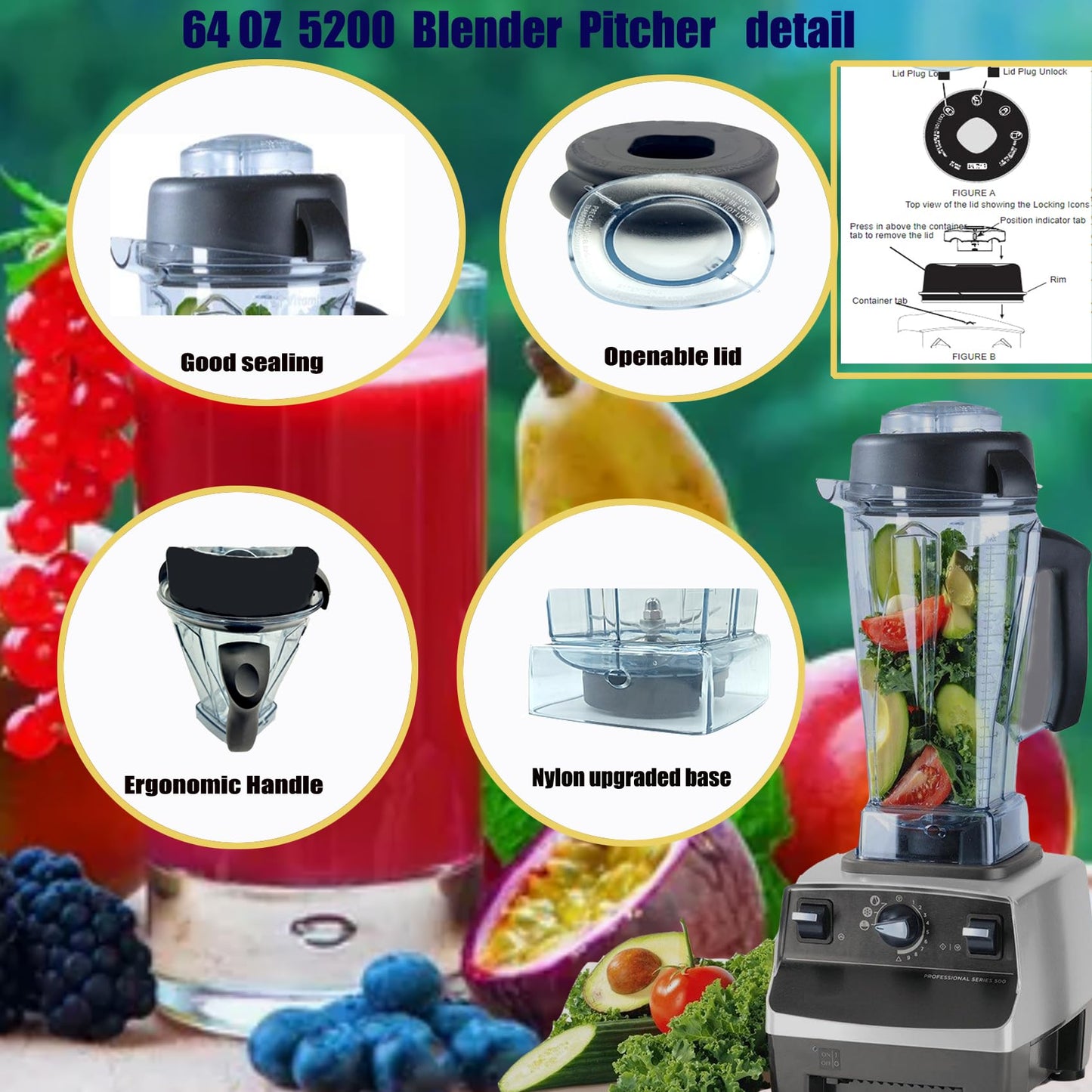 Blender Pitcher 64oz, Compatible with 5200 5000 5300 6300 VM0101 VM0103 VM0197 Classic/Commercial Series, Blender Container Jar Cup,Updated Prevents Rust and Leaks,10 Years Warranty