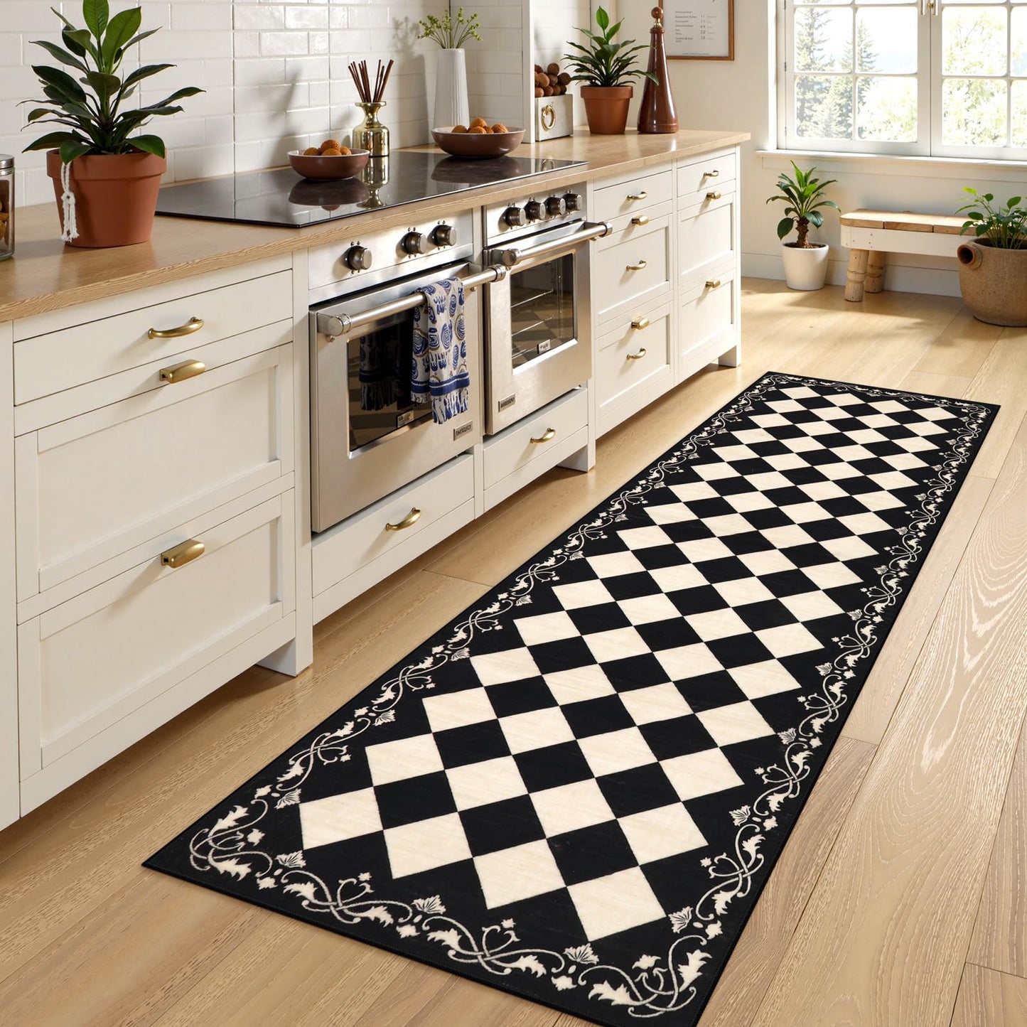 Beeiva Checkered Black Runner Rug for Hallway 2.5x8, Washable Runner for Entryway Bathroom Ultra Thin Non Slip, Moroccan Stain Resistant Print Kitchen Rug 8ft, Plaid Carpet for Besides Laundry Decor
