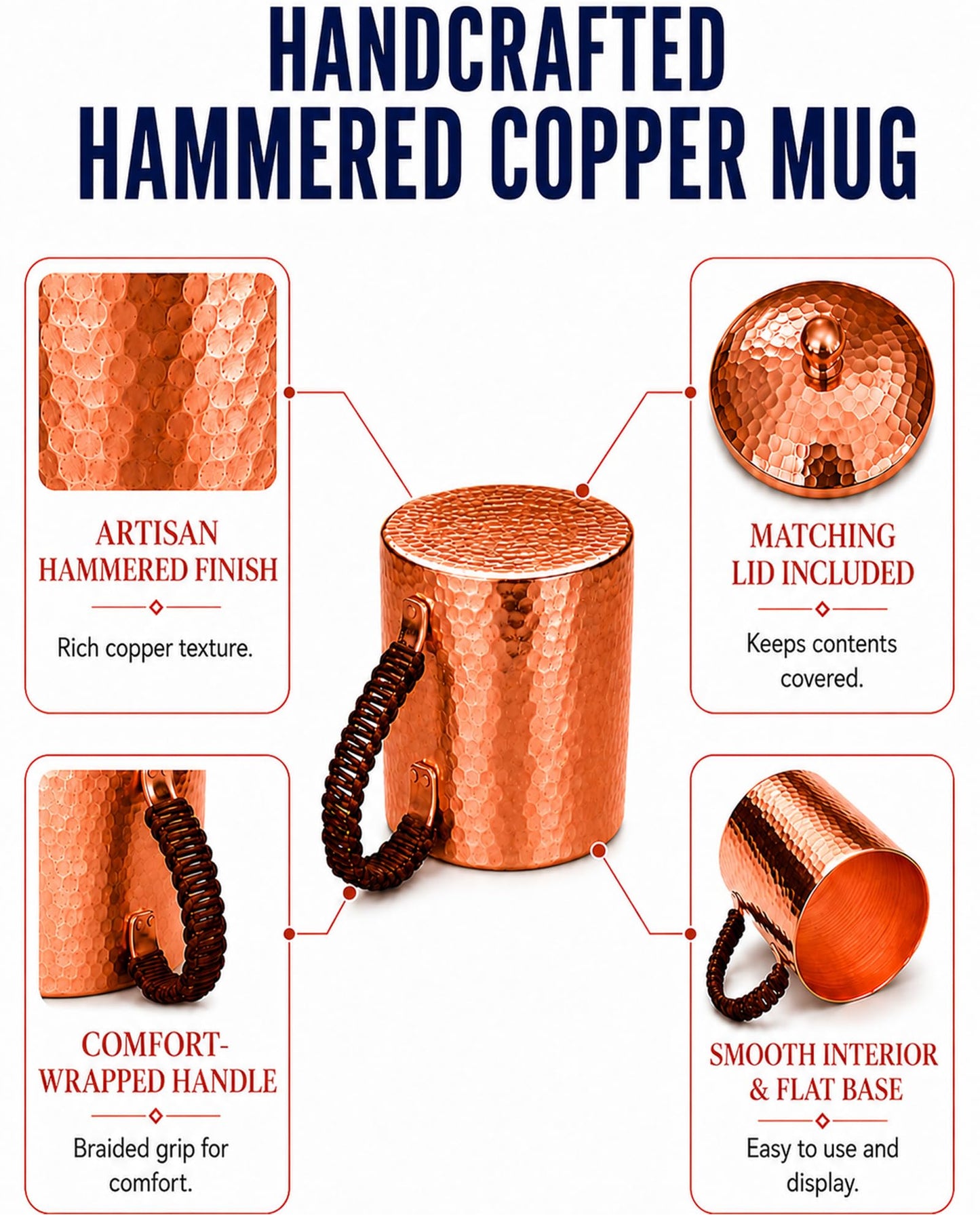 CigeZaus 18.6oz Pure Copper Mug with Lid – Hand-Hammered Solid Copper Tumbler for Drinking Water, Detox & Wellness – Ayurvedic Gift for Yoga, Meditation, or Camping