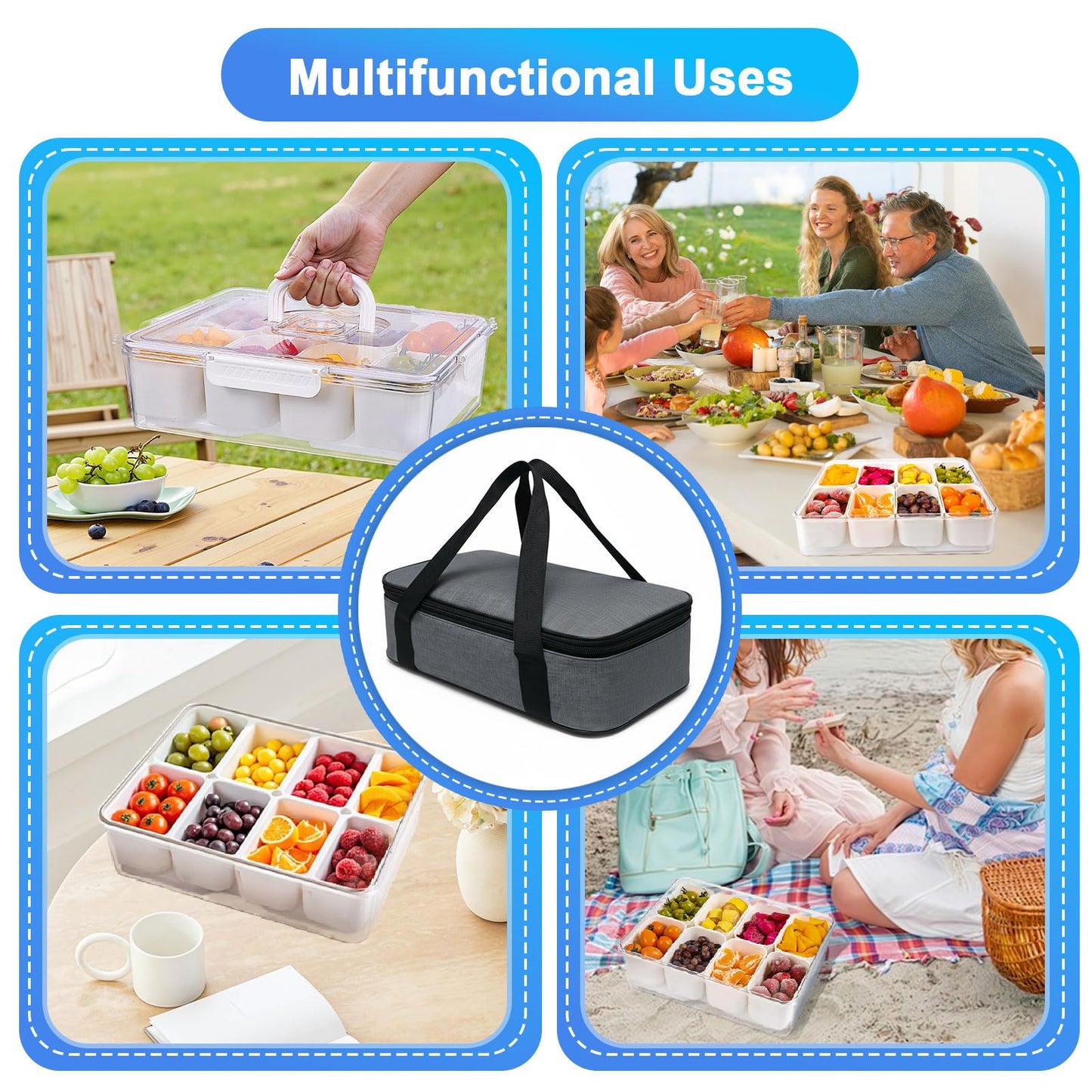 Portable Snackle Box Container with Ice Pack,Snack Container Divided Serving Tray Insulated Bag, Cooling Travel Snacklebox with Lid & Handle,8 Compartment Chilled Serving Tray for Beach,Outdoor,Picnic