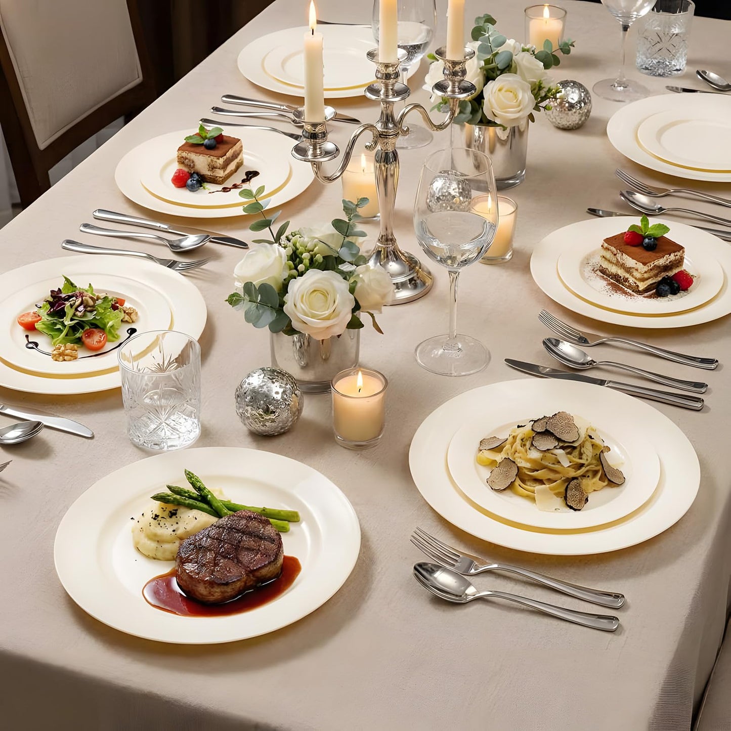 I00000 100 Pcs Ivory Plastic Plates,10inch Cream Dinner Plate, Elegant Disposable Plates Perfect for Birthday, Party,Wedding, Baby & Bridal Shower (100 Guests)