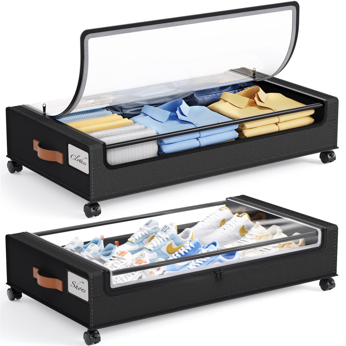 Yecaye 60 L Under Bed Storage with Wheels, 2 Pack Under Bed Storage Containers, Underbed Shoe Storage with Clear Window & Label, Rolling Under Bed Metal Drawer for Clothes, Shoes, Books, Black