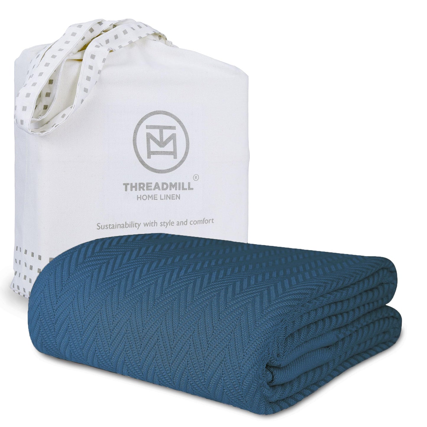 Threadmill Luxury Cotton Blankets for Twin Size Bed | All-Season 100% Cotton Twin Blanket for Bed | Herringbone Soft & Cozy Fall Thermal Blanket, 350GSM, 68x92 inches | Folkstone Blue