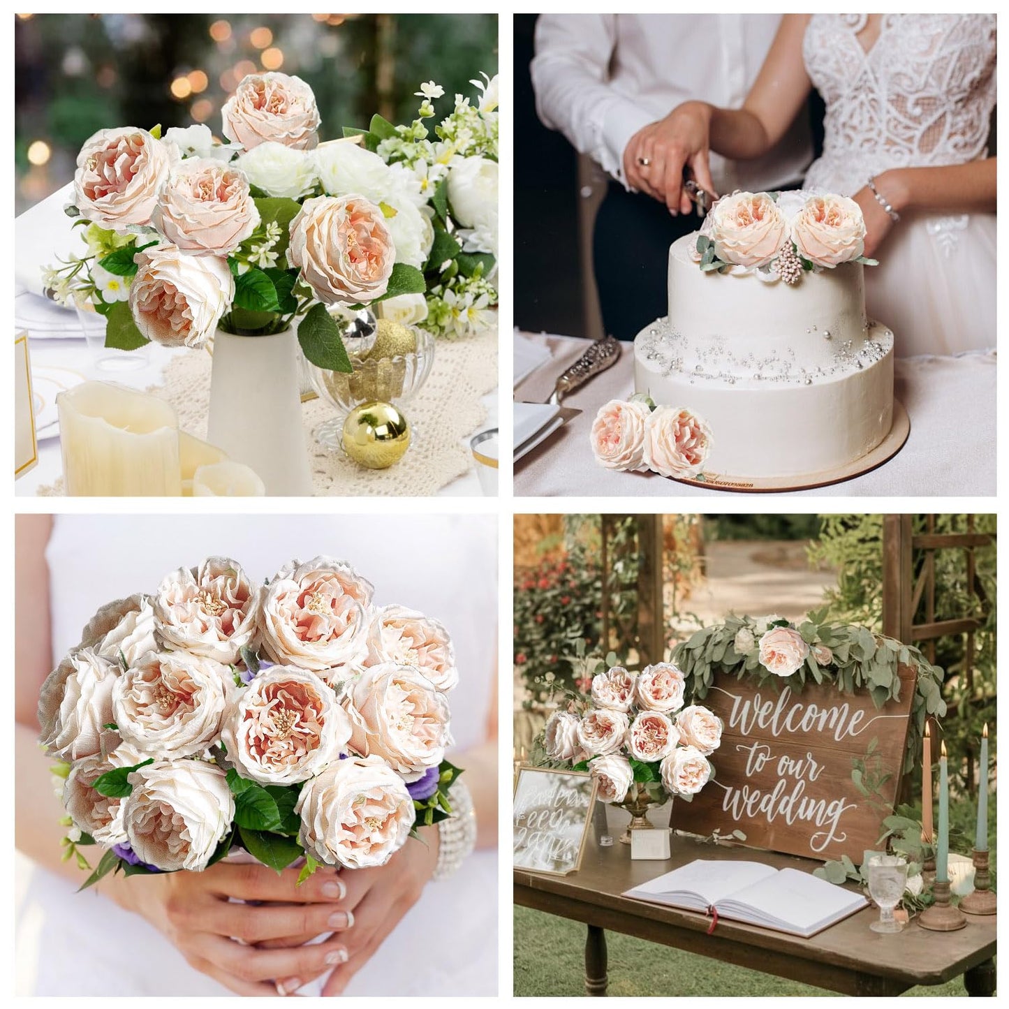 YILIUFA 4 Pcs Real Touch Peonies Artificial Flowers, 3.5'' Big Bloom Austin Rose Peony Latex Fake Flower with Stems for Wedding Bouquet Party Valentines Arrangement Home Kitchen (Champagne)
