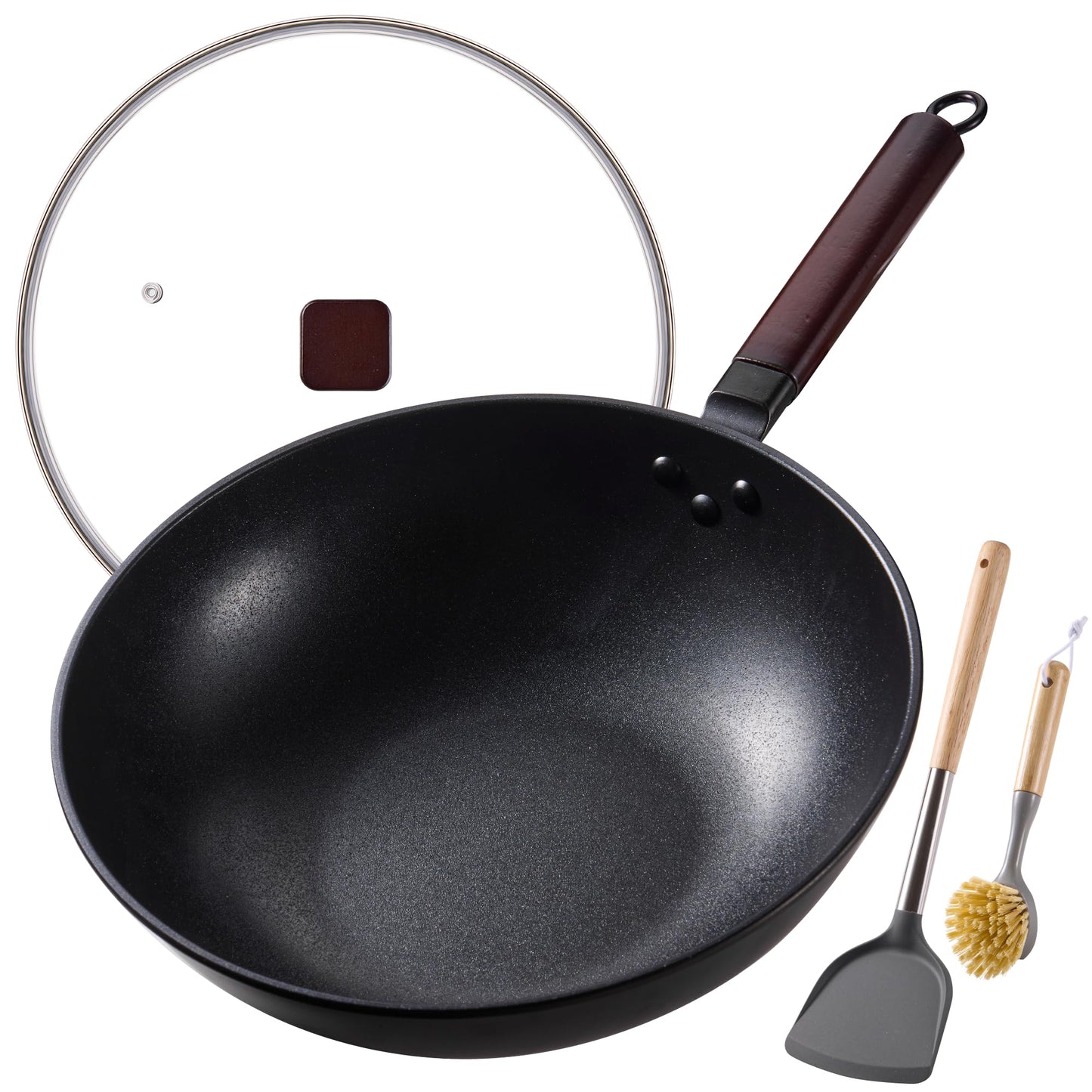 Teewe Carbon Steel Wok -13 Inch Woks & Stir-fry Pans Nonstick, Wok Pan with Glass Lid Spatula and Dish Brush: Pre-Seasoned Flat Bottom Chinese Wok for Induction, Electric, Gas, All Stoves