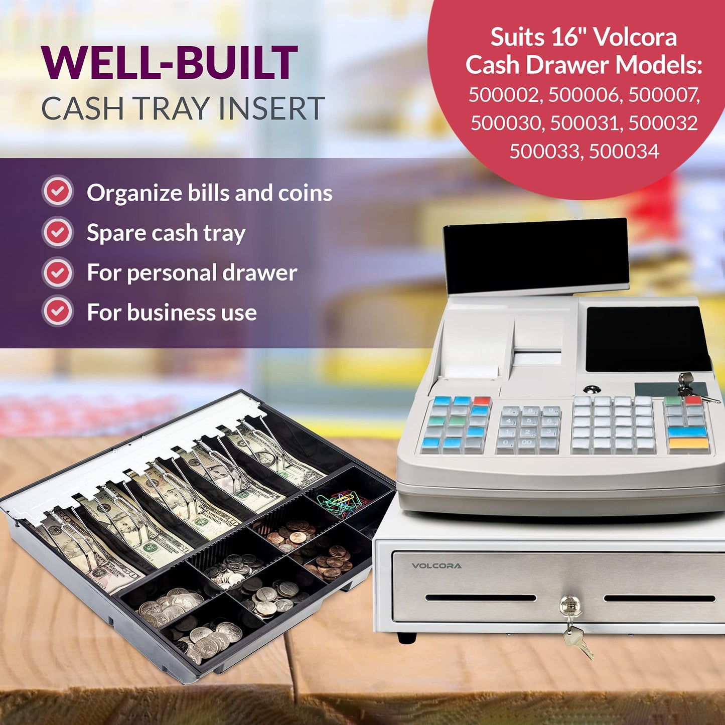 Volcora Cash Drawer Tray - 14.1 x 13 x 2.5 Inch Cash Register Insert - 5 Bill / 8 Coin Replacement Cash Tray - Stainless Steel Currency Compartment - 16" Cash Registers with Fully Removable Tray