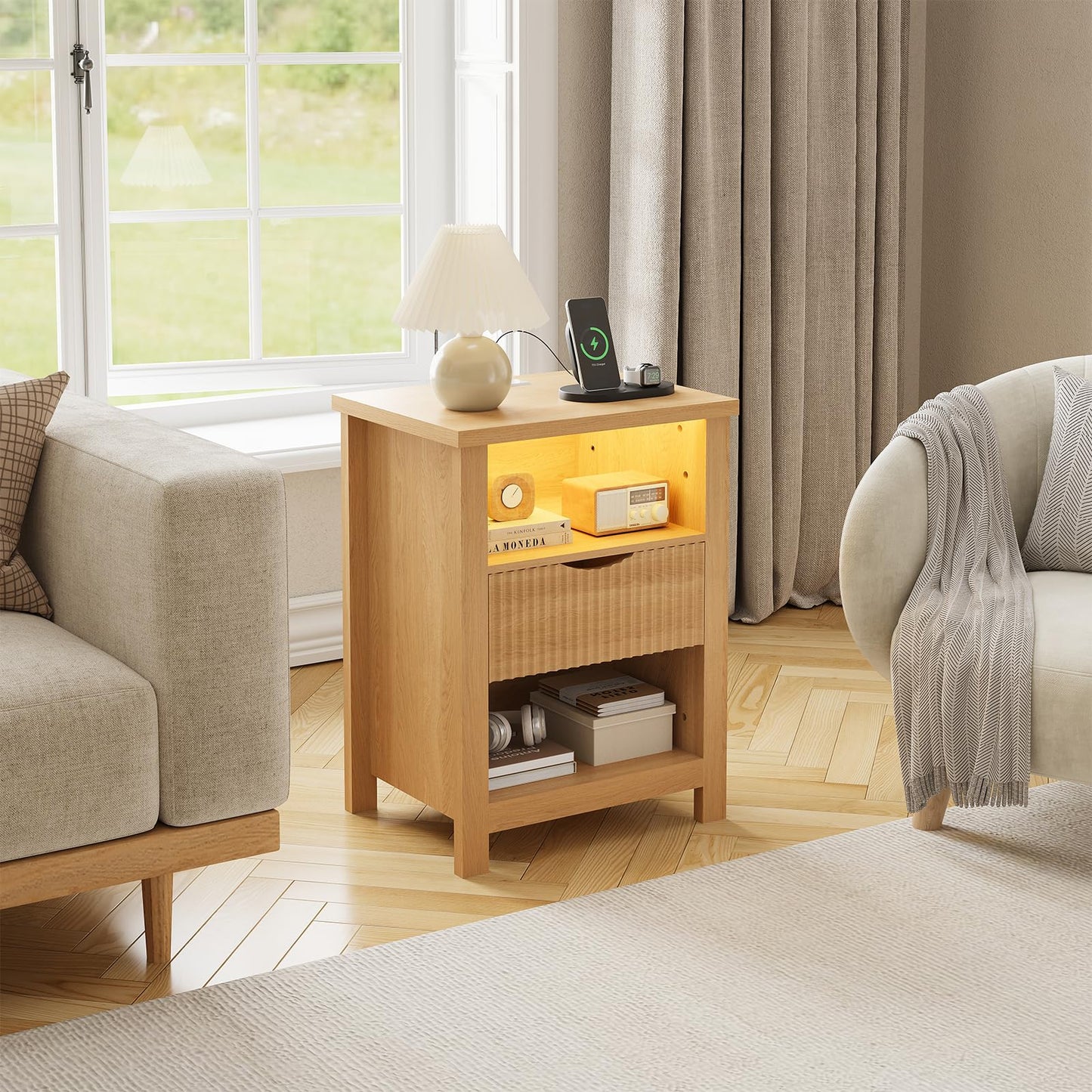 LAKEMID Fluted Nightstand with Charging Station,20 Inch Wide Bedside Tables with Led Lights,Modern Wood Night Stand with Drawers,Wooden Bed Side Table for Bedroom,Living Room,Natural Oak