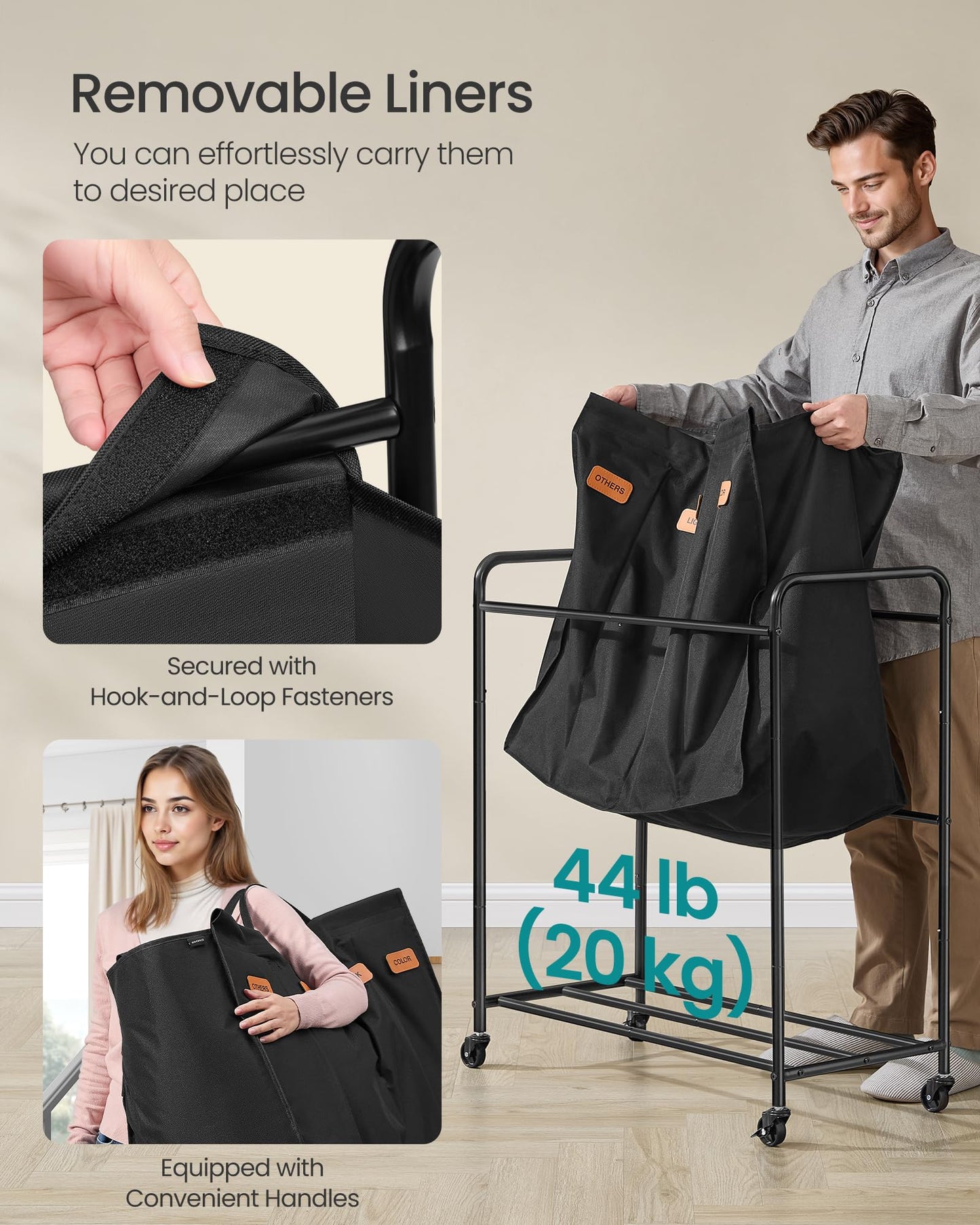 SONGMICS 4-Section Laundry Sorter, Laundry Hamper with Wheels, Rolling Clothes Hamper Cart with Large Capacity and Removable Bags, for Laundry Room, Bedroom, Bathroom, Ink Black URLS460B01