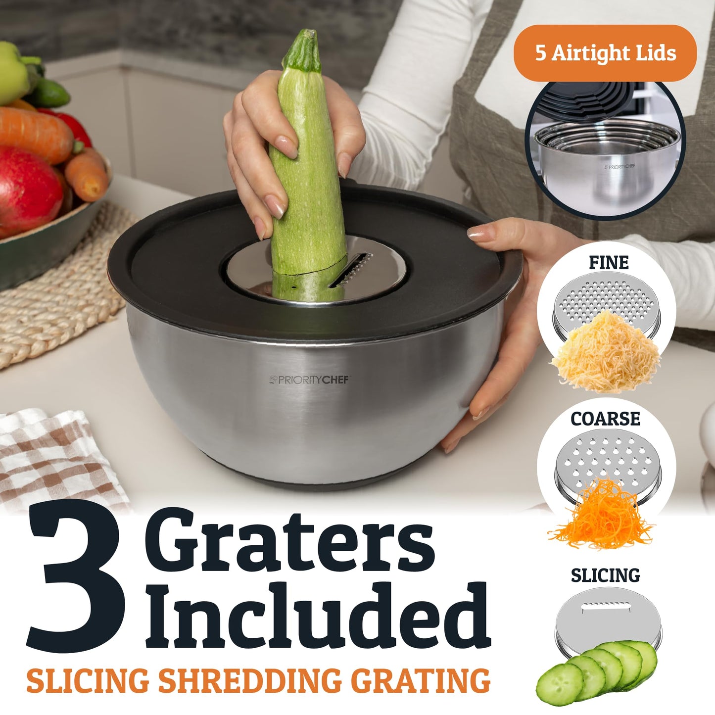 Priority Chef Stainless Steel Mixing Bowls with Lids Set, Metal Nesting Bowls with Airtight Lids, Graters, Non-Slip Base & Measurement Marks, Includes Utensil Set for Prep, Baking & Storage, Black