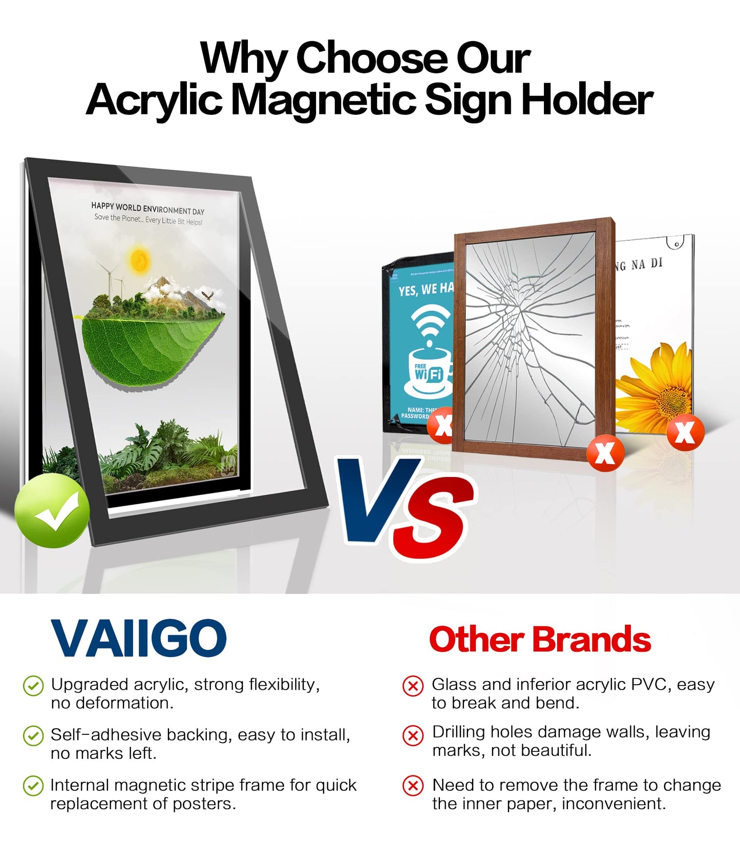 VAIIGO 8.5" x 11" Acrylic Sign Holder Wall Mount, Self Adhesive Magnetic Display Frame with Nano Tape and Strong Magnetic Frames for Wall, Door, Glass, Home, Store, Office (Black, 10Pack)