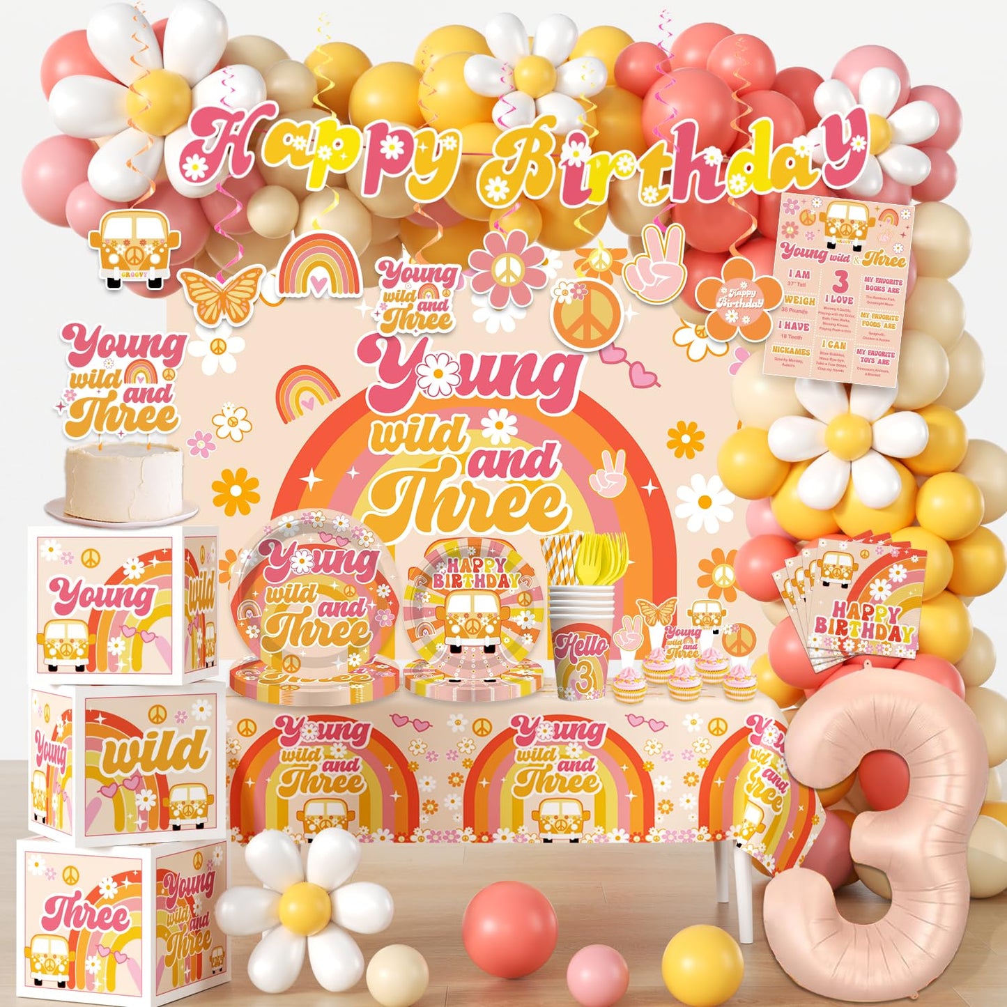 263pcs Young Wild and Three Party Decorations, Boho Groovy Daisy 3rd Birthday Decorations for Girls with Balloon Arch Tableware Backdrop Banner Tablecloth Cake Topper Balloon Box, Etc. Serves 20
