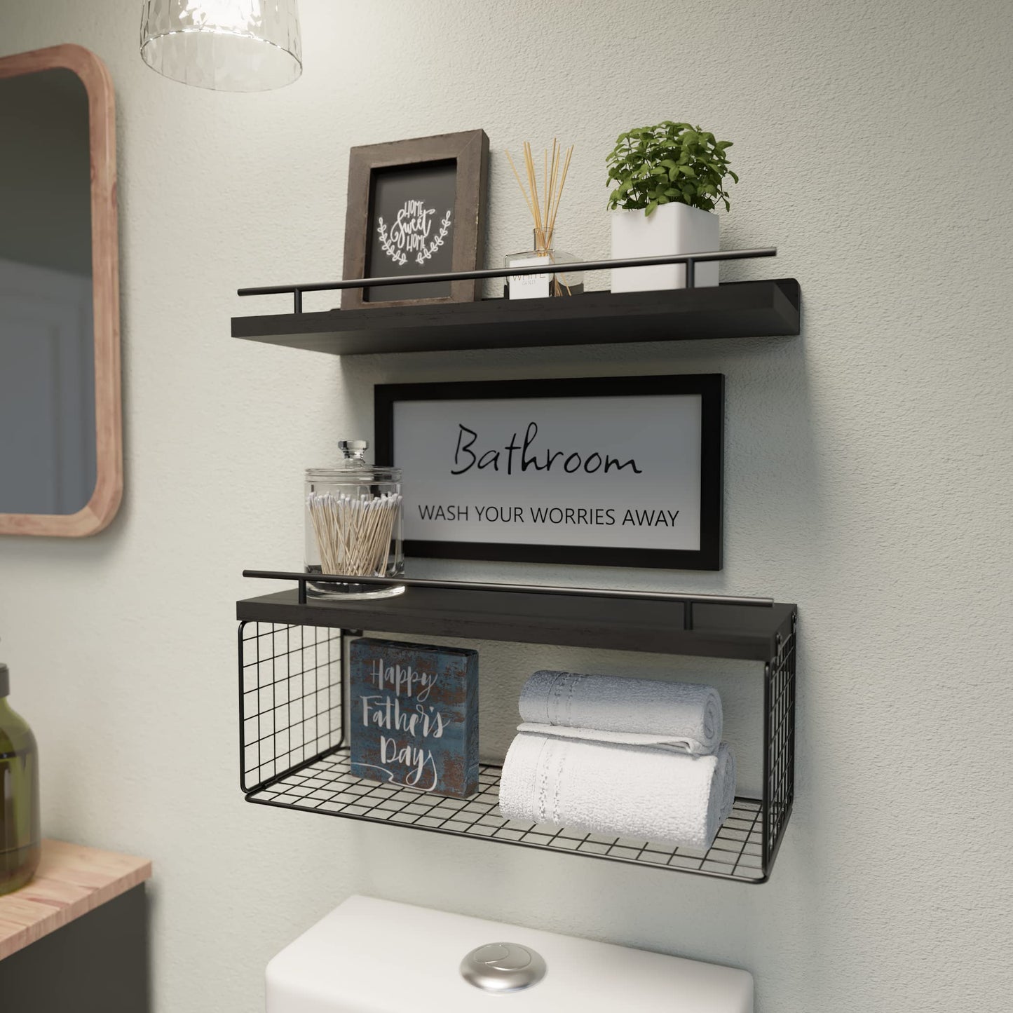 WOPITUES Floating Shelves for Wall Decor Sign, Bathroom Organizers and Storage, Bathroom Shelves Over Toilet with Metal Guardrail-Black