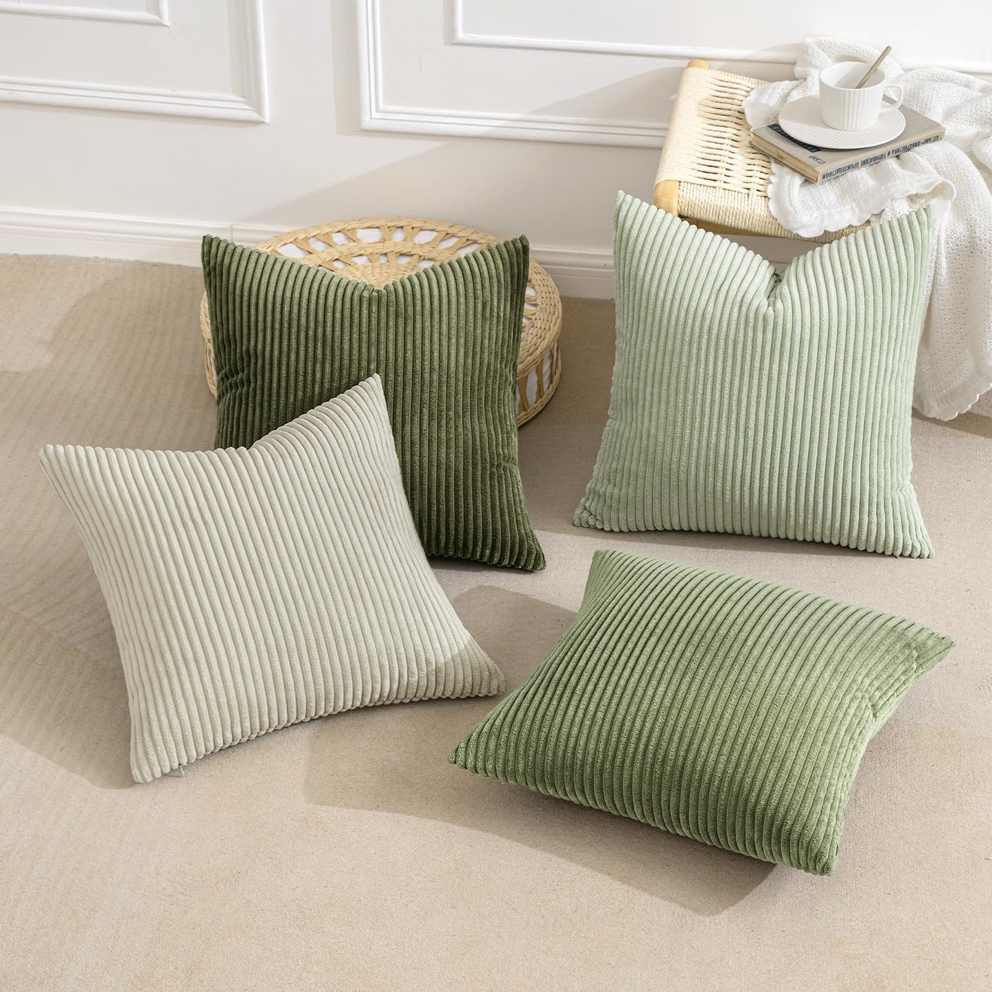 MIULEE Decorative Throw Pillow Covers Set of 4 Summer Light Green Gradient Natural Earthy Modern Classic Soft Corduroy Cushion Covers for Sofa Couch Bed Living Room Spring Home Decor 18x18 Inch
