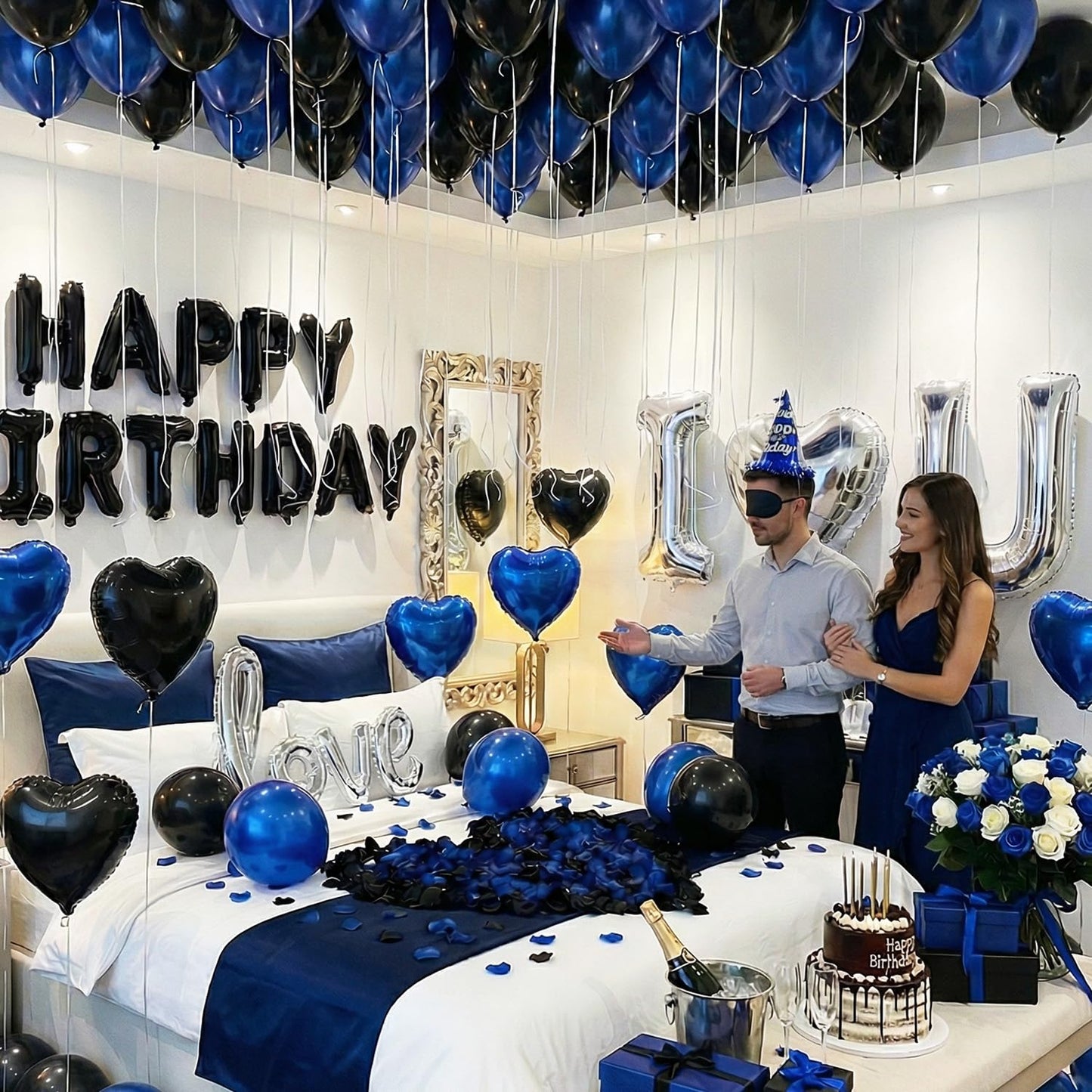 Blue Black Silver Balloons with I LOVE YOU & HAPPY BIRTHDAY Foil Balloons & Rose Petals for Romantic Special Night, Anniversary, Valentine Day, Birthday Decorations for Him, Bedroom, Hotel Room