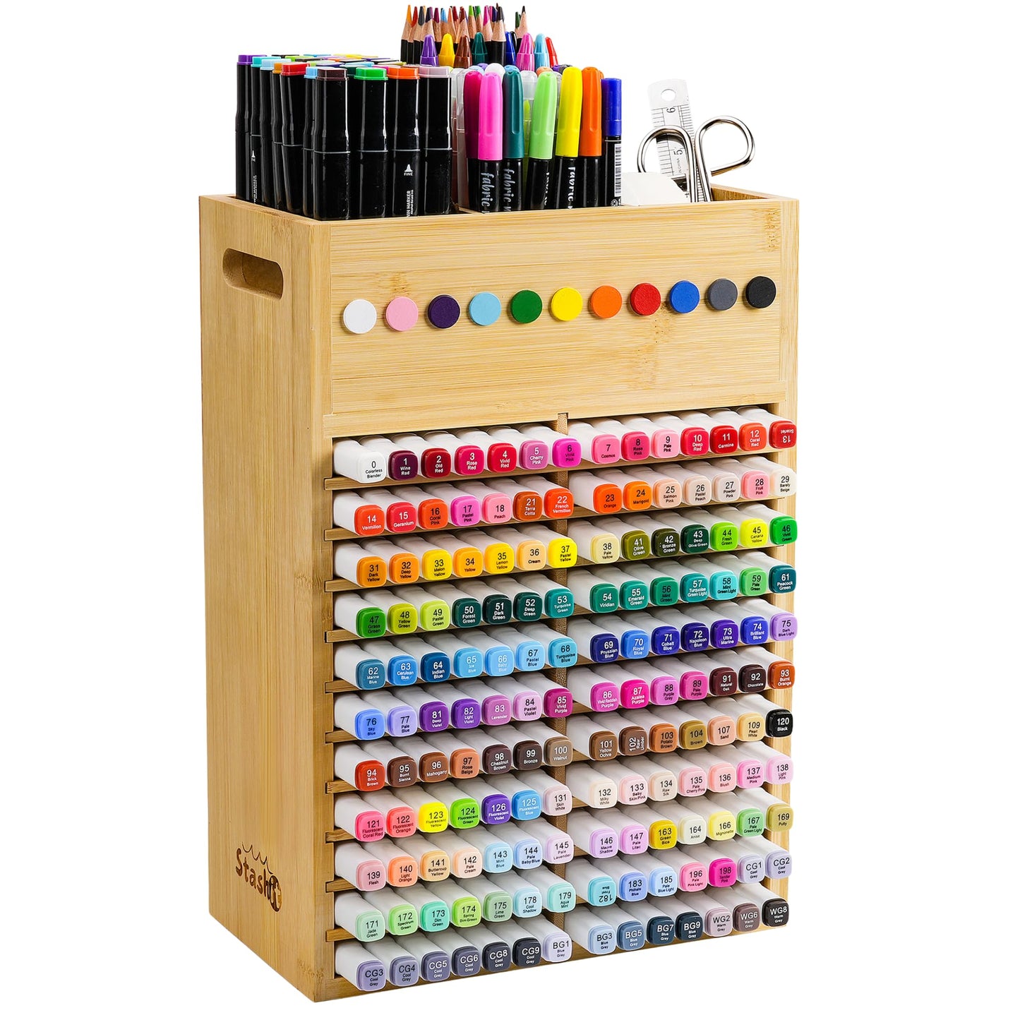 Marker Organizer for Desk - 154 Capacity Wooden Marker Holder - Ergonomic Handles - Additional Art Supply Storage Rack for 130 Alcohol Markers, Pens, and Pencils - Desktop Stand for Markers - Bamboo