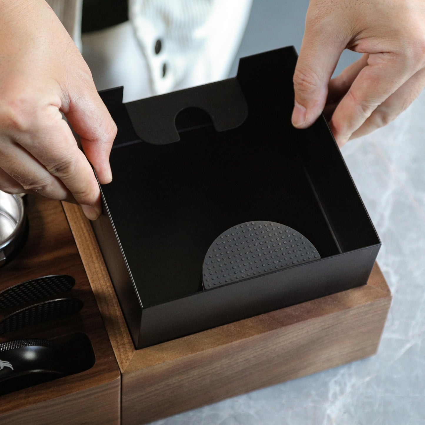 KNODOS Wooden Espresso Knock Box Walnut Dump Bin for Coffee Grounds Disposal Durable, Shock-Absorbent Espresso Machine Accessories, Easy to Clean Tamper Station