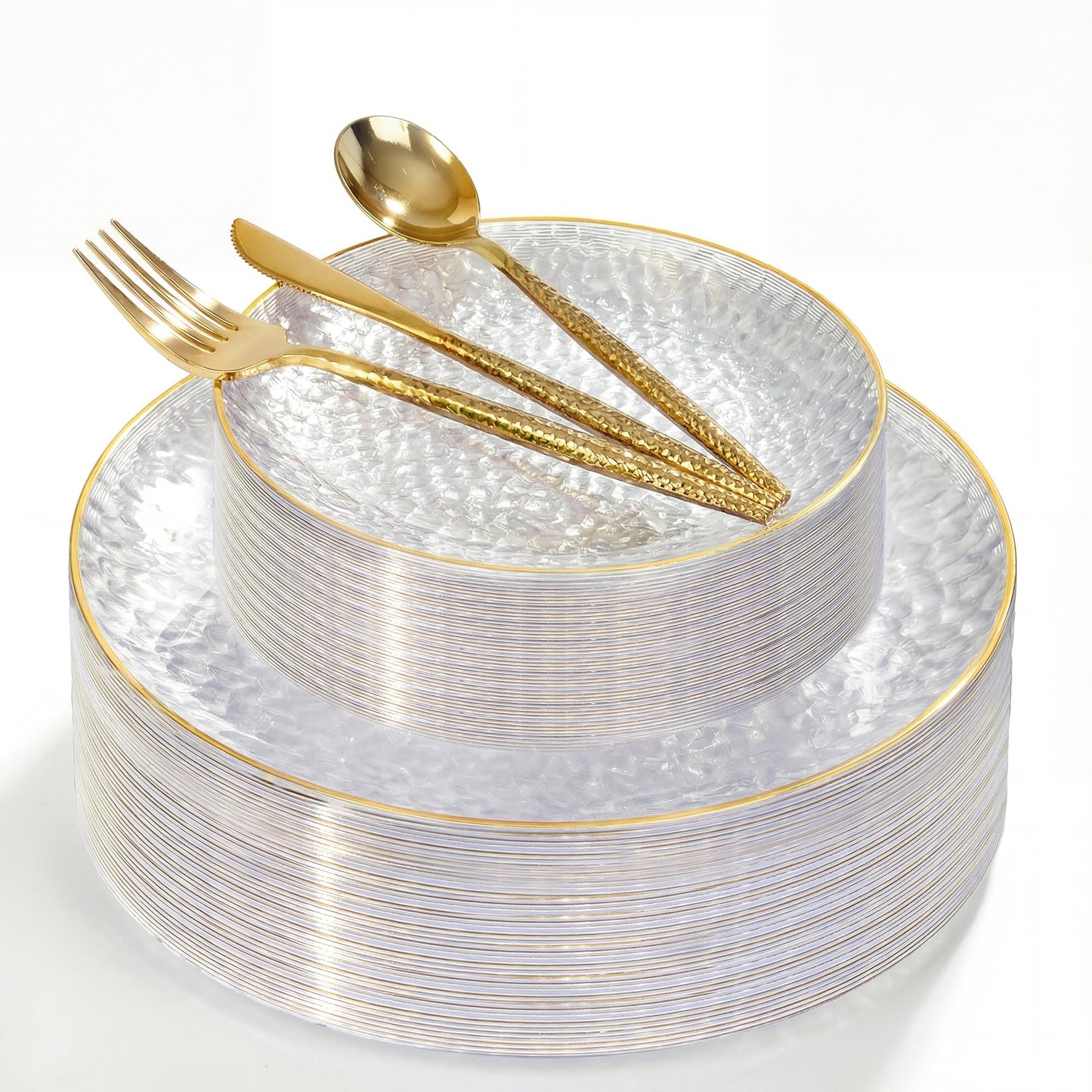 I00000 150Pcs Clear Plastic Plates with Gold Rim,Clear Disposable Plates with silverware,Gold hammer patterned plates Set include 30 Dinner Plate,30 Dessert Plate,90 Silverware Set for Party