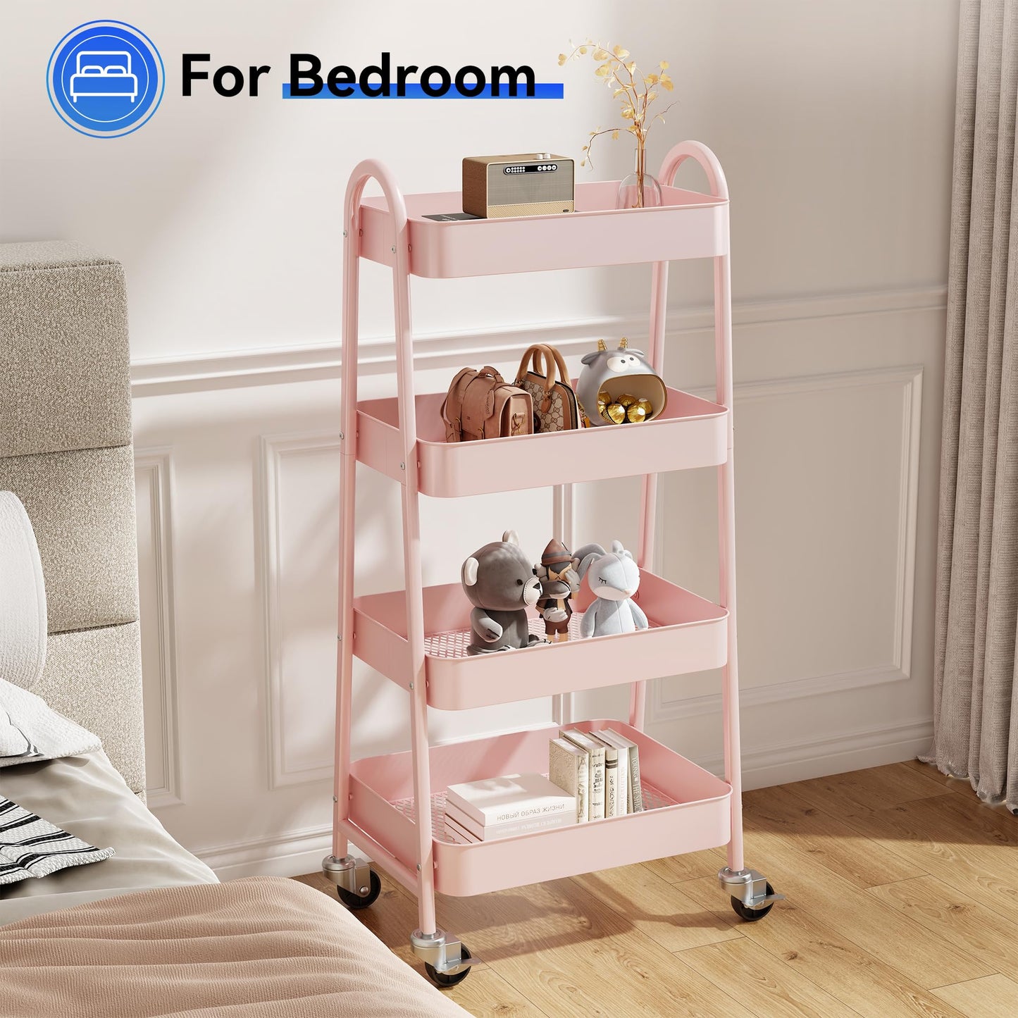 OLIXIS Metal 4 Tiers Utility Rolling Cart, Mobile Storage Shelf with Lockable Caster Wheels, Organization for Livingroom, Bathroom & Narrow Places, 4-Tier Pink