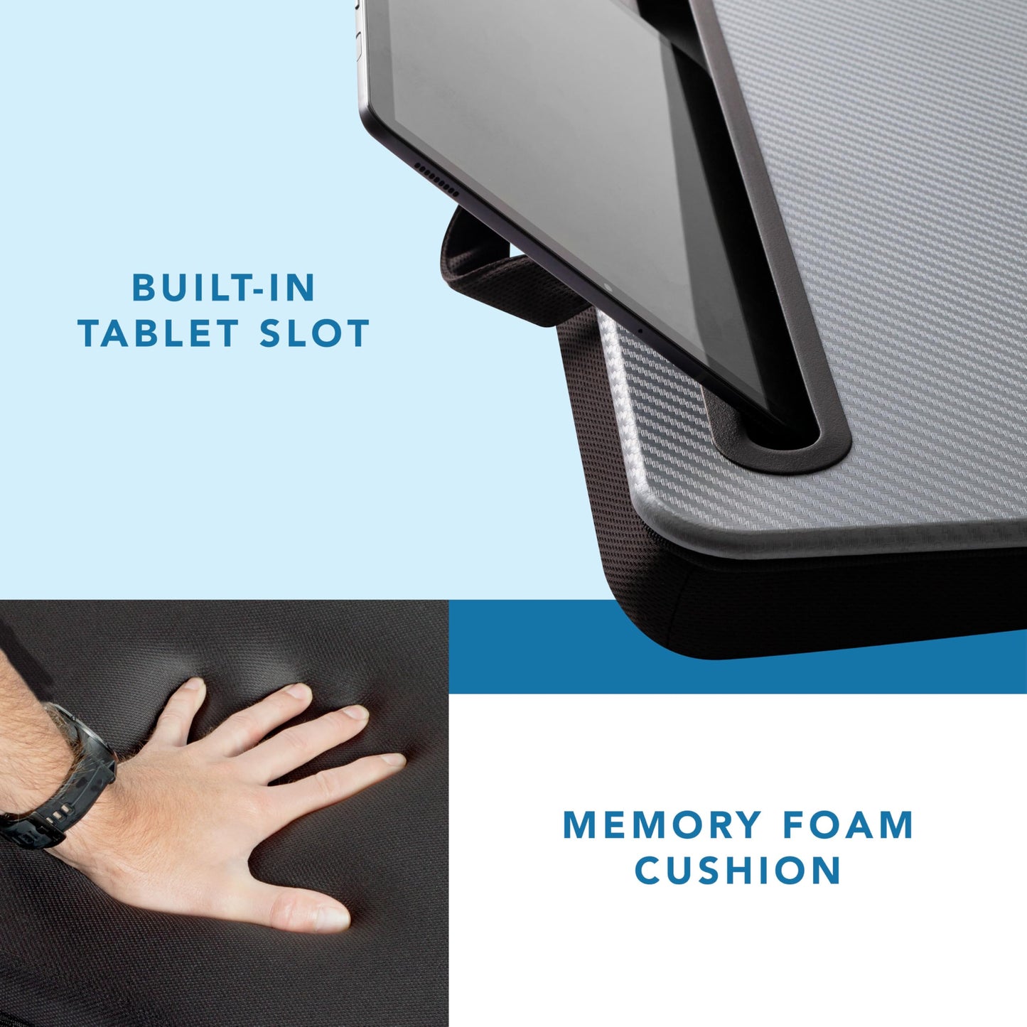 LAPGEAR Memory Foam Lap Desk with Wrist Rest and Media Slot - Medium - Silver Carbon - Fits up to 15.6 Inch Laptops and Most Tablet Devices - Style No. 91335