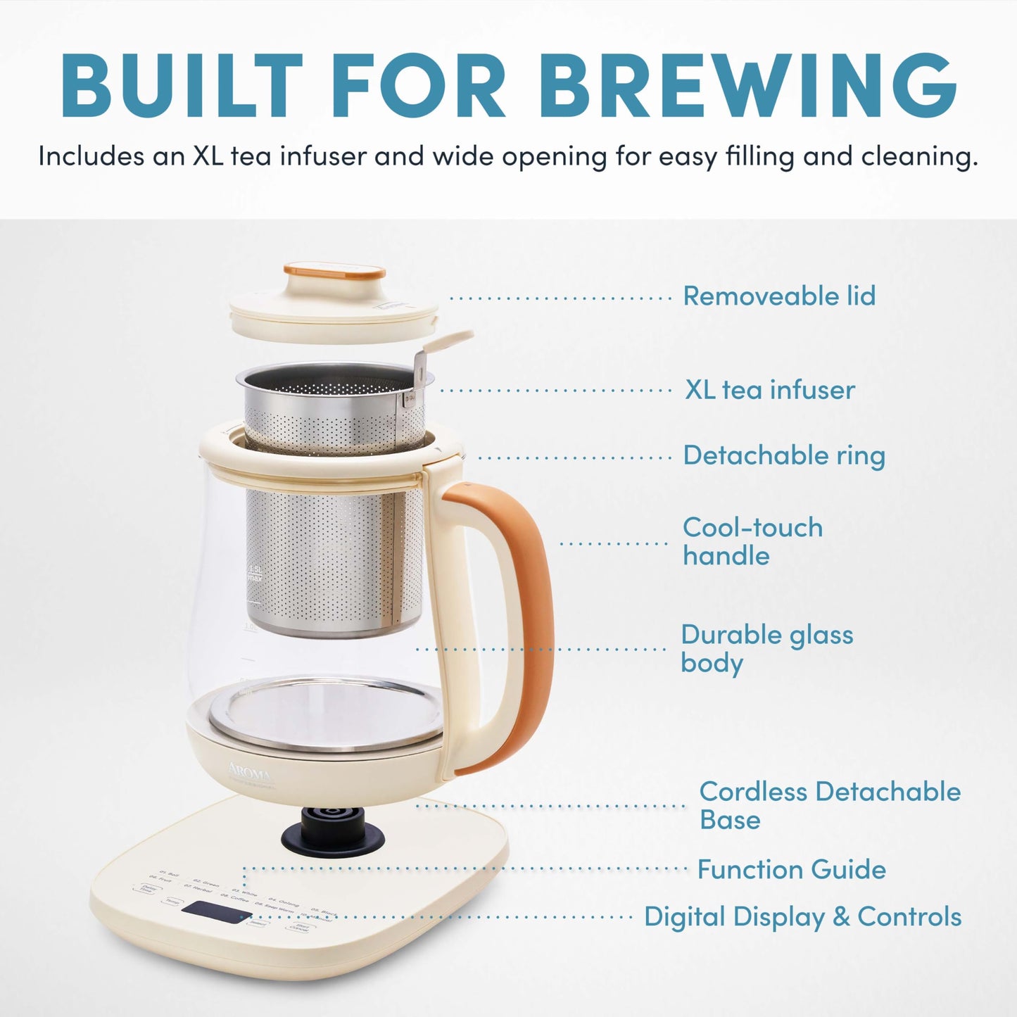 AROMA® Professional Infusion Glass Electric Tea Kettle with Temperature Control and 10 Preset Modes (6 Cups, 1.5 Liters)