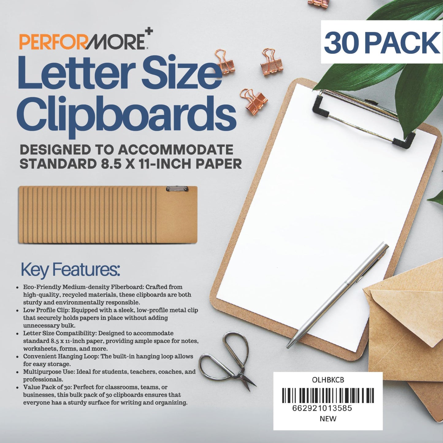 Clipboards 30 Pack Bulk, Clip Boards 8.5x11 Letter Size Hardboard Clipboard Set, Low Profile Clip, Hanging Loop, Holds 50 Sheets, Rounded Corners for Classroom, School, Field Use - Performore