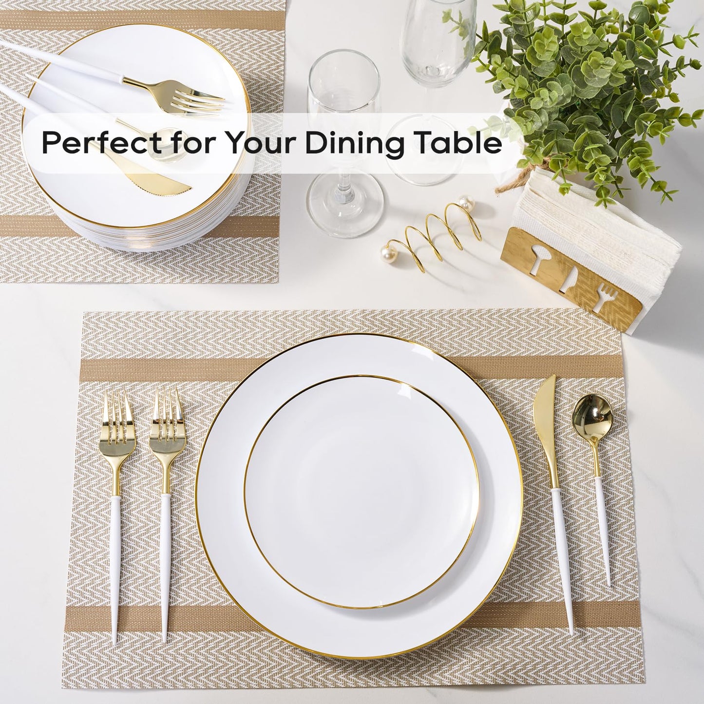 FOCUSLINE 100 Count Gold Plastic Plates 10.25 Inch, Disposable Heavy Duty Dinner Plates, Premium Hard Plastic Plate Fancy Disposable White Plate with Gold Rim