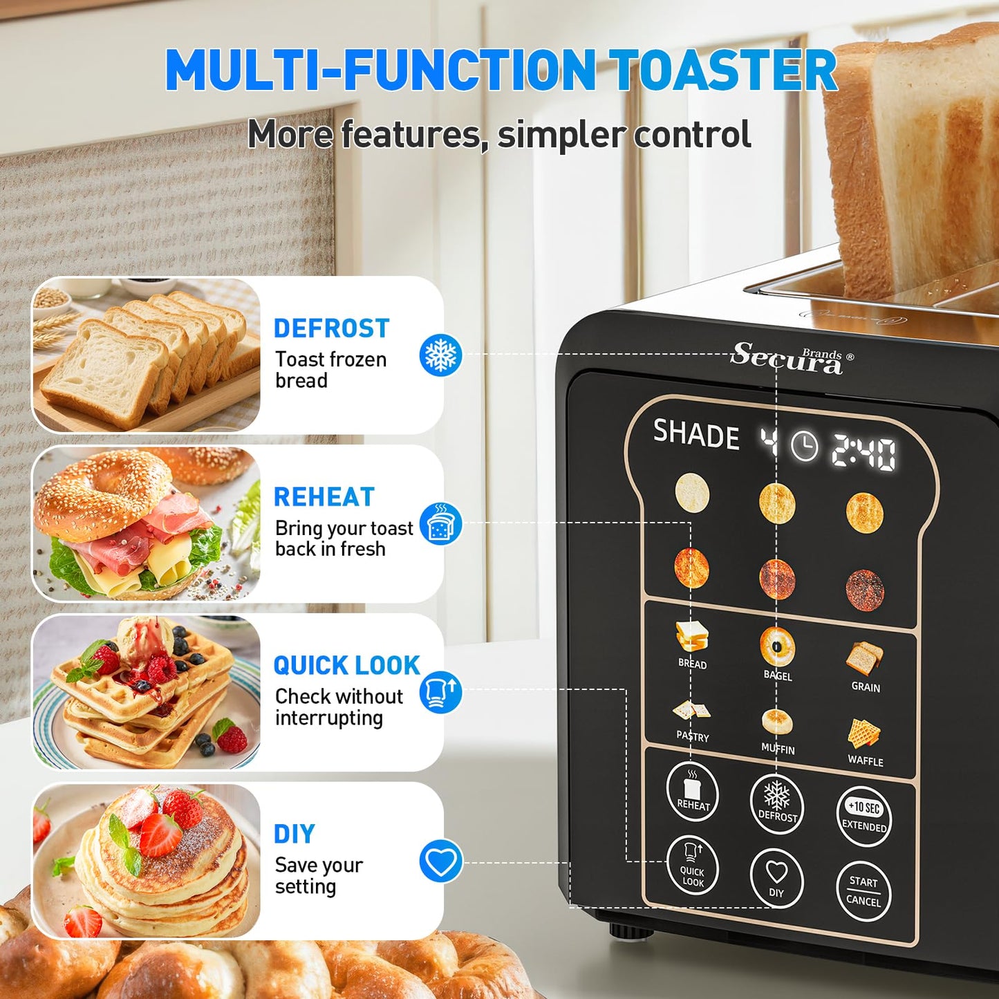 Secura Brands 2 Slice Toaster Automatic, No Lever Stainless Steel Wide Slot Touch Screen Smart Toaster with Digital Timer, +10s Extend, Custom Memory Settings for Home, RV