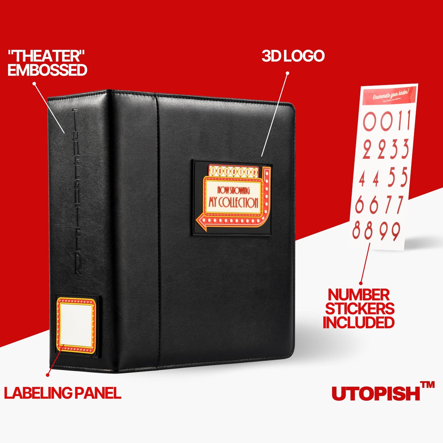UTOPISH Show-Bill Binder with Sleeves - 2-Pack of Large 4” Theater Program Holders with 70 Sheet Protectors and Numbering Stickers Included - Broadway Gift with Full-Color Logo and Numbering Panel (2)