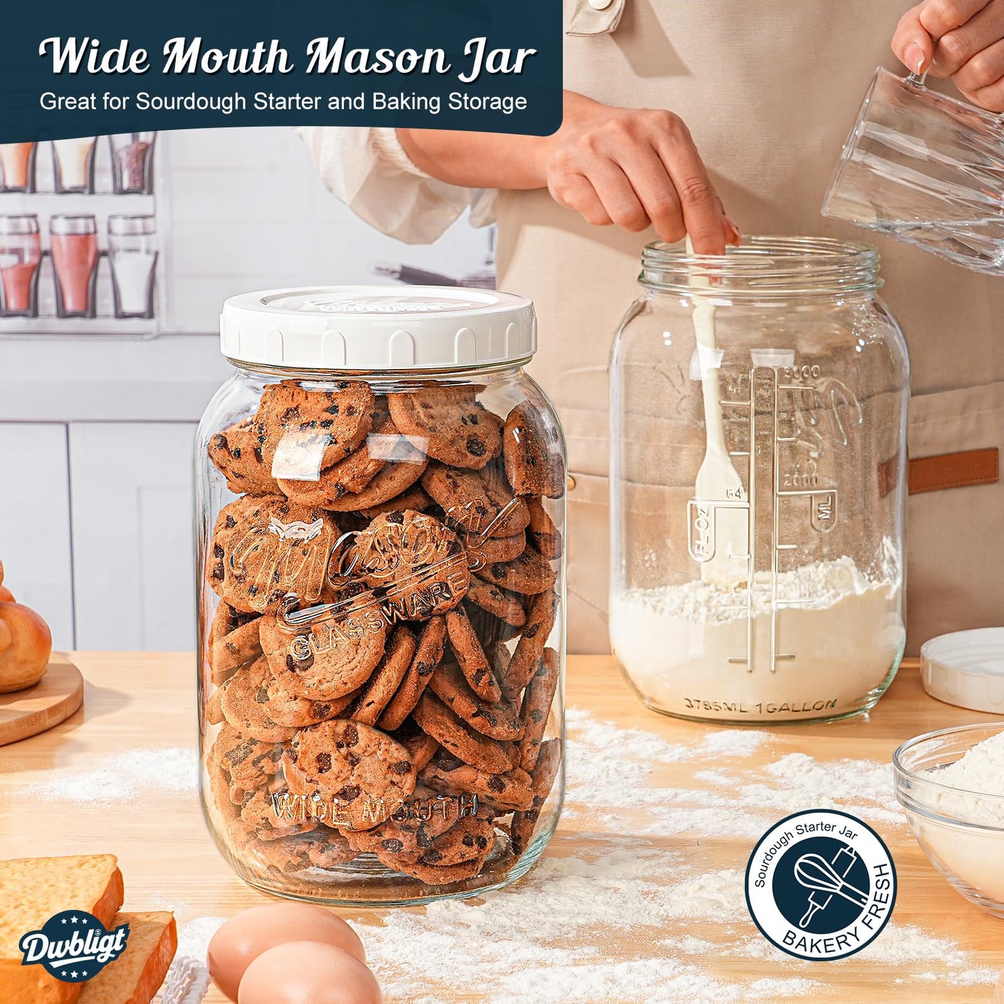 Dwbligt 2 Pack Wide Mouth Mason Jars with Airtight Lid and Silicone Ring - 1 Gallon Large Glass Containers for Food Storage like Flour Sugar, Sun Tea, Kombucha, Refrigerator Safe Fermentation Jar