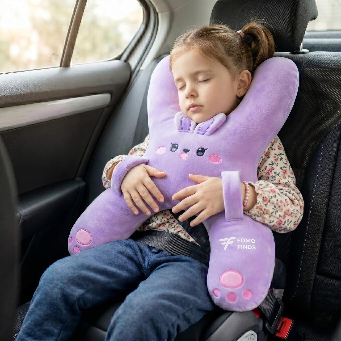 FOMO Finds Kids Car Sleeping Pillow - X-Shaped Plush Animal for Neck & Back Support - Hands & Seat Belt Slot - Machine Washable & Compressible - Perfect for Car, Plane, Train, Boat & More - Purple