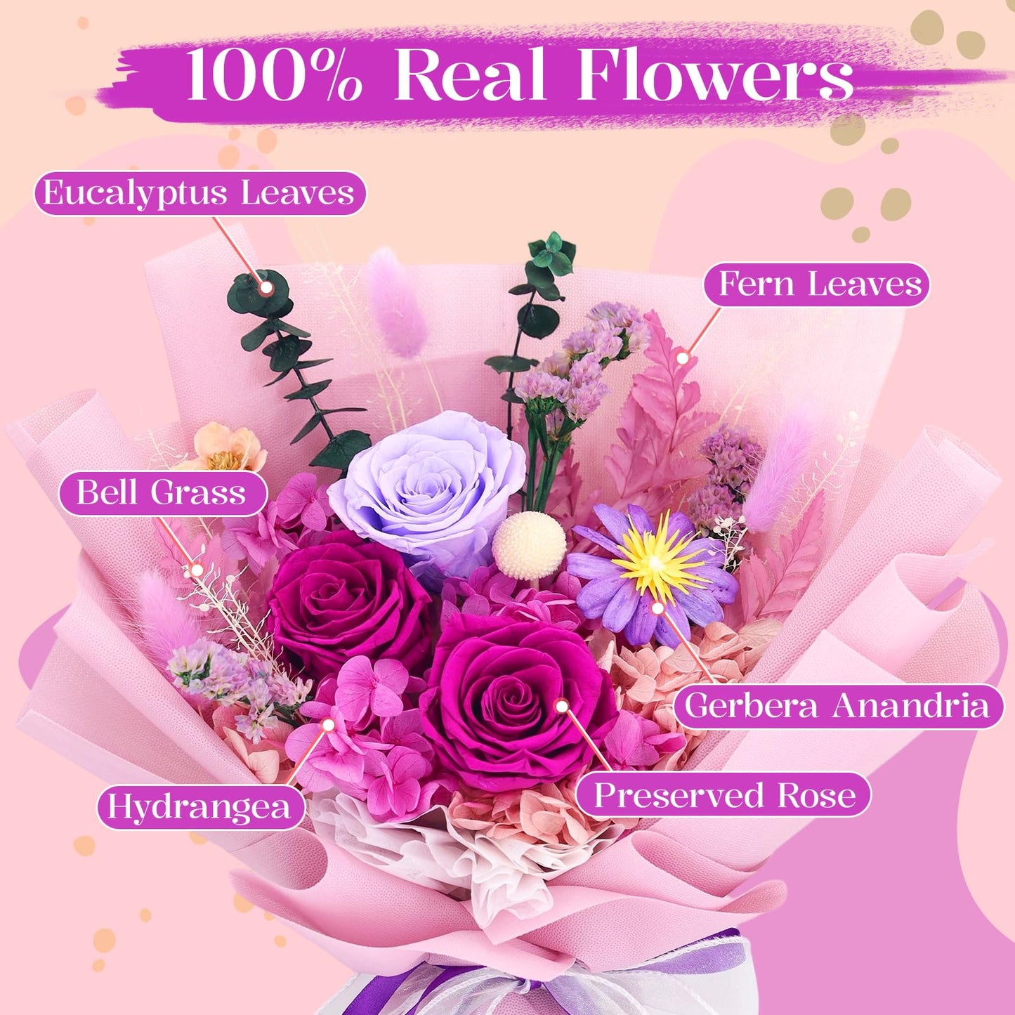 jabeick Preserved Flowers for Delivery, Purple Flowers Fresh Bouquet with Gift Box, Forever Eternal Rose for Her Mom Wife Girlfriend on Christmas, Valentines Day, Mother's Day, Birthday