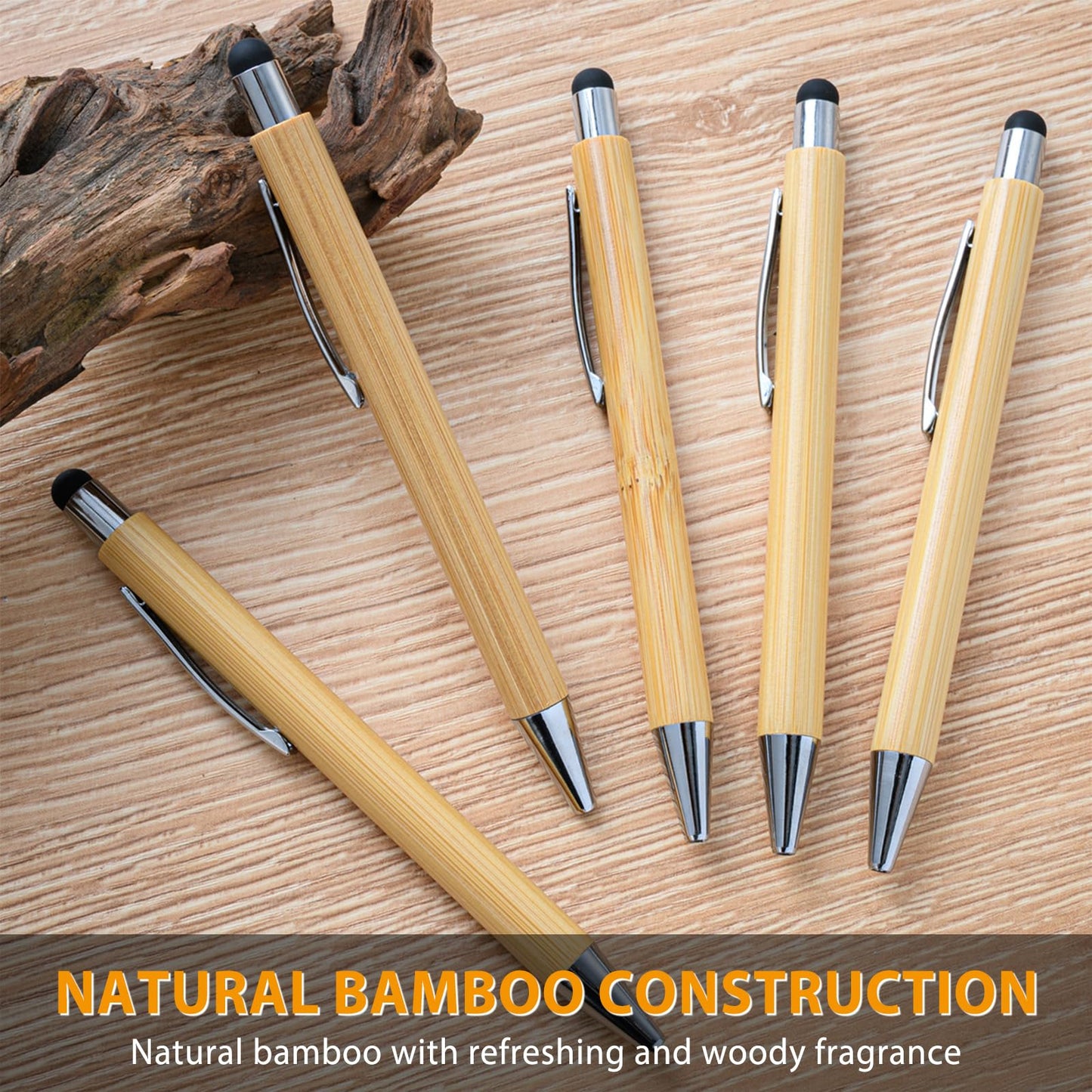 lyforx 100pcs Bamboo Pens Bulk with Touch Stylus Tip Wooden Bamboo Pens Engraving Wooden Ballpoint Pen Customizable Gift Pen Bulk