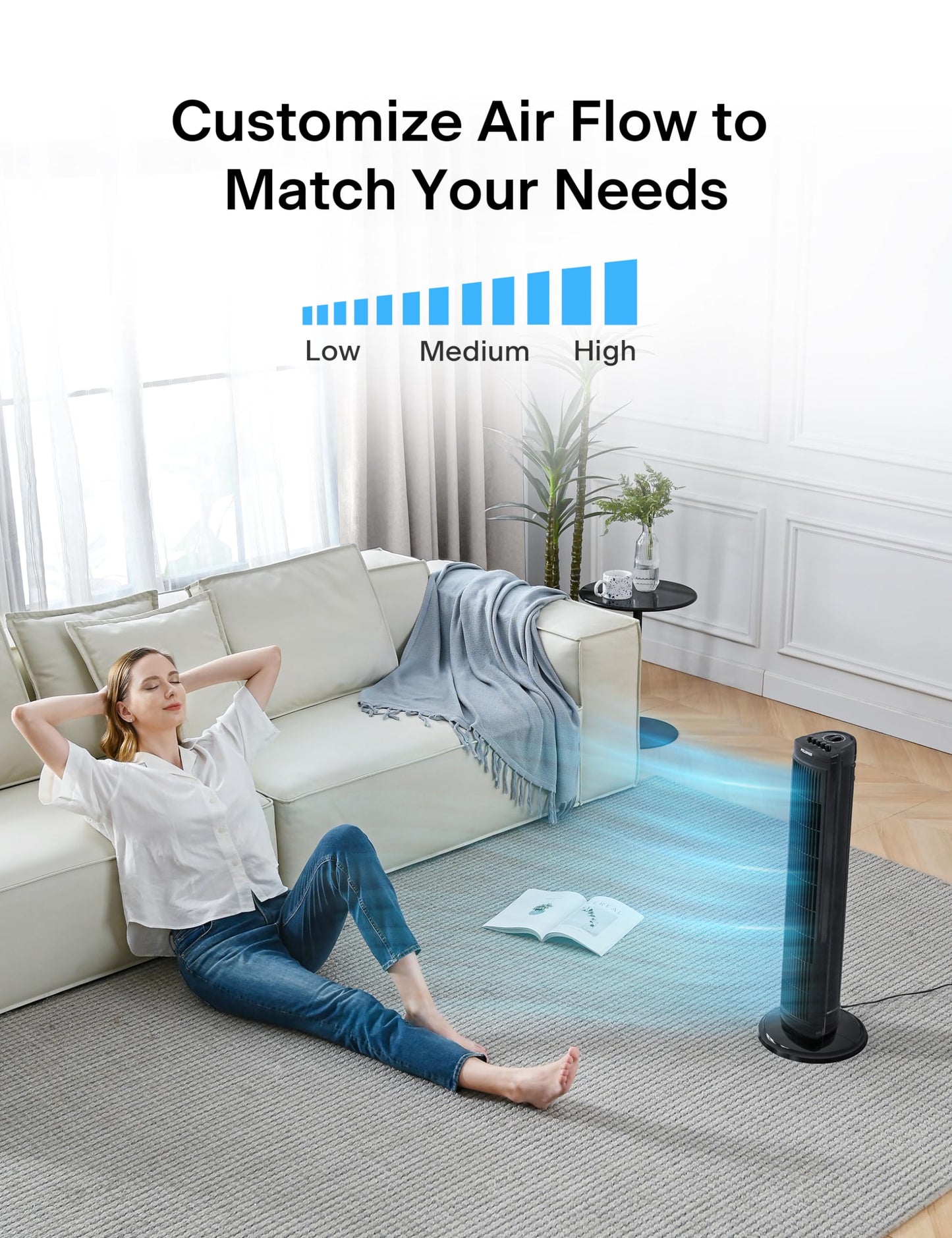 PELONIS 30 Inch Tower Fan for Bedroom, Quiet Oscillating Standing Fan with 3 Speeds, Portable Cooling Fan for Home Office Dorm Room, Auto-off Timer, Black, PFT28A2BBB