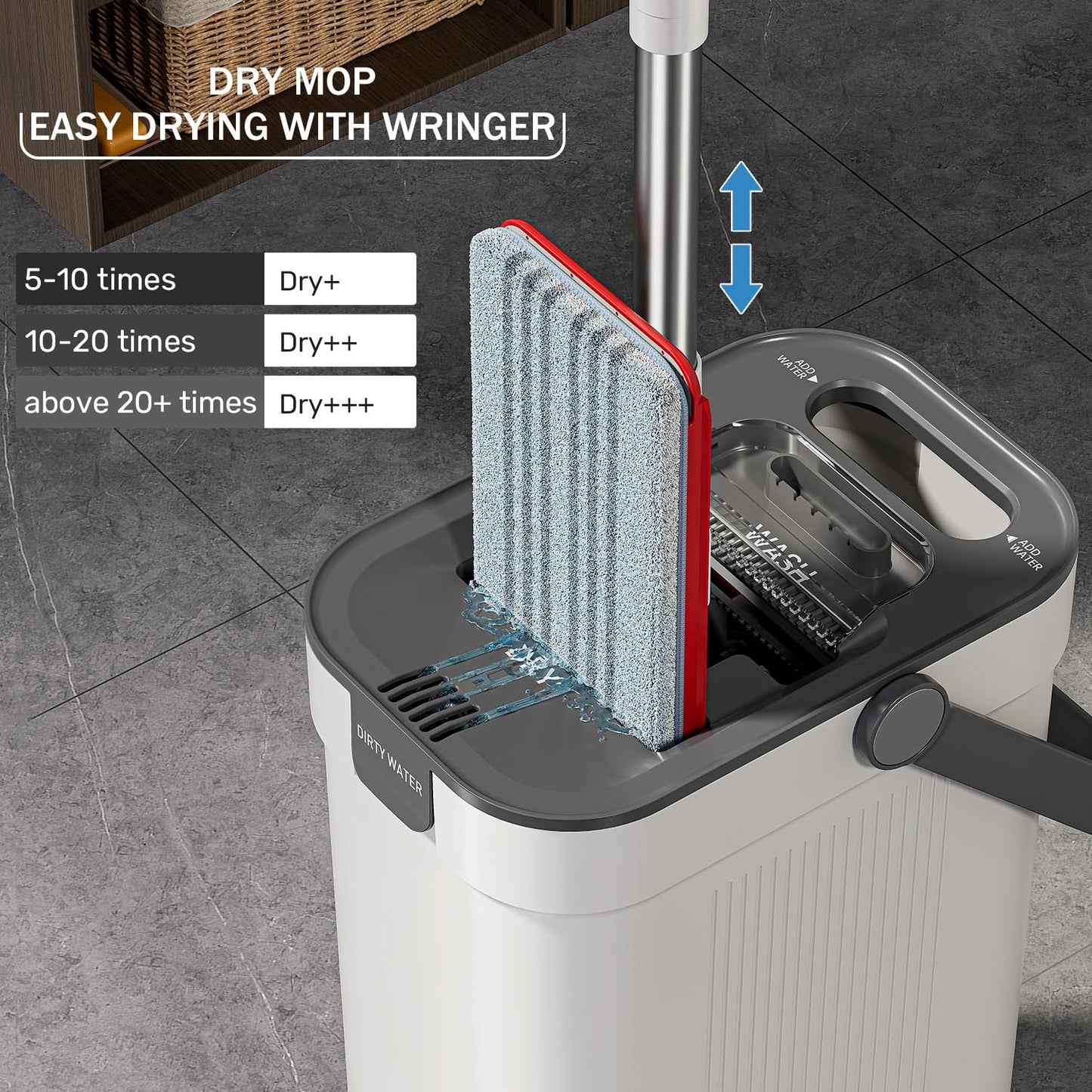 HoMettler Mop and Bucket Set, 3-Tank Flat Mop and Bucket System for Separate Dirty & Clean Water, 65" Mops for Floor Cleaning with 4 Washable Pads, Safe for Hardwood, Vinyl, Tile, Baseboards, Walls