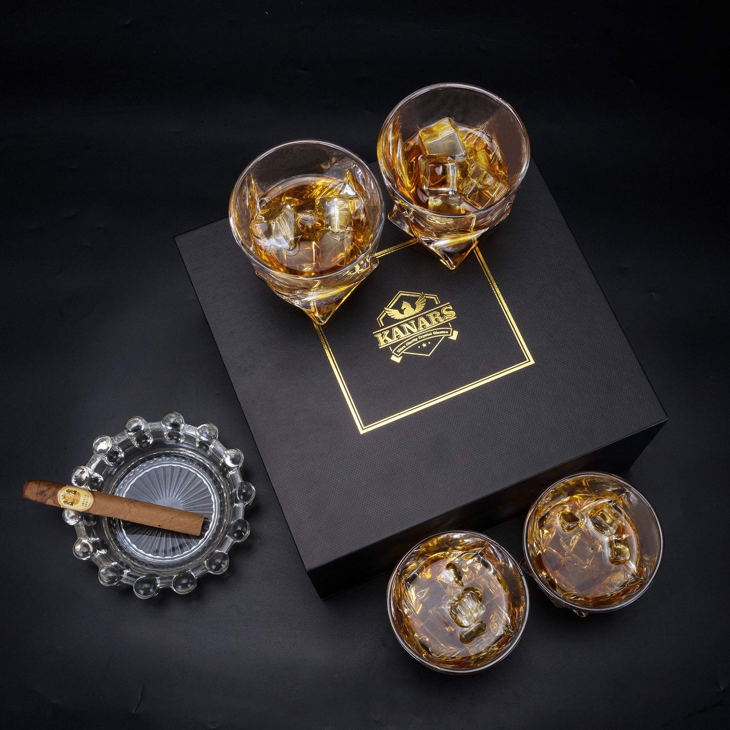 KANARS Whiskey Glasses Set of 4, 10 Oz Crystal Old Fashioned Cocktail Glass in Gift Box, Twisted Lowball Bourbon Tumbler for Scotch Whisky Cognac, Rock Barware for Men Gift Christmas