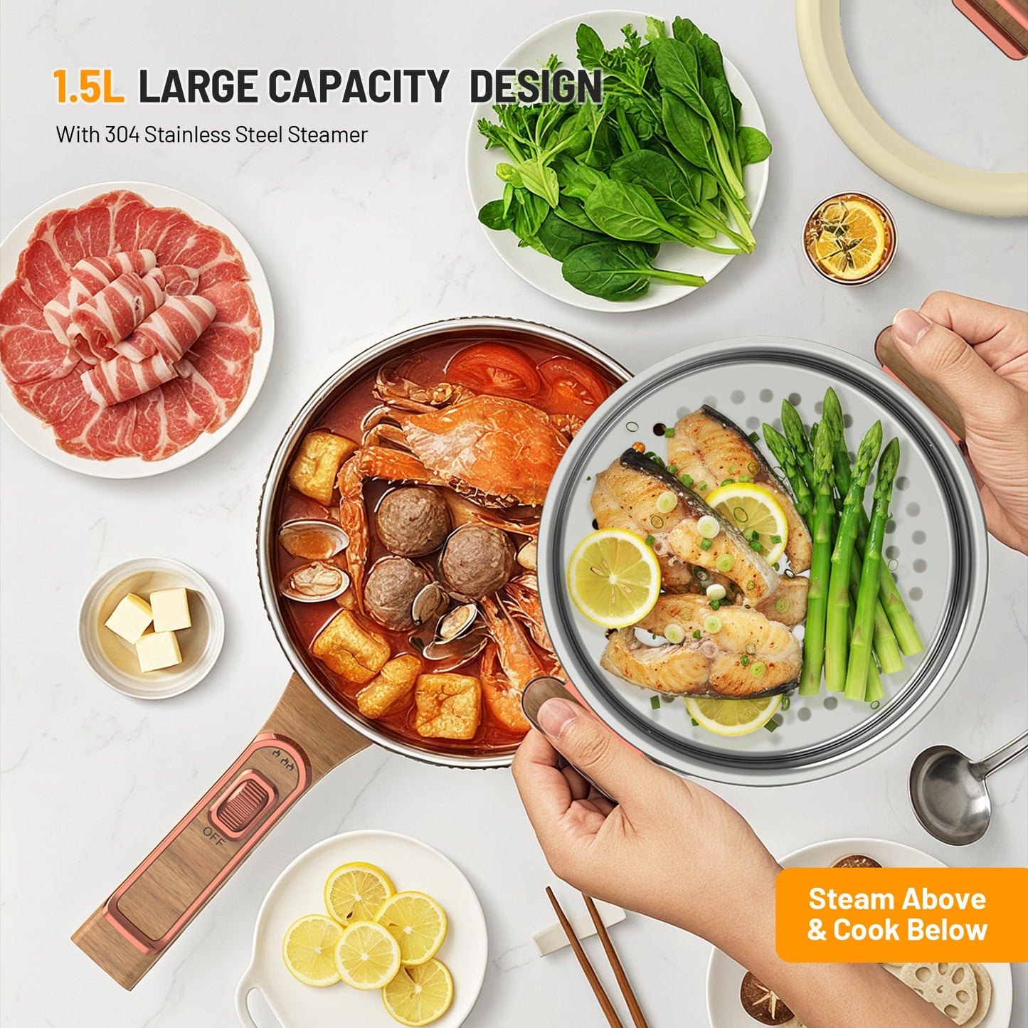 Cullinsss Hot Pot Electric, 1.5L Portable Electric Pot Frying Sauté Pan Multifunctional Cooker for Ramen Steak Soup with Adjustable Power for Dorm Home Travel (Silicone Spatula Included)