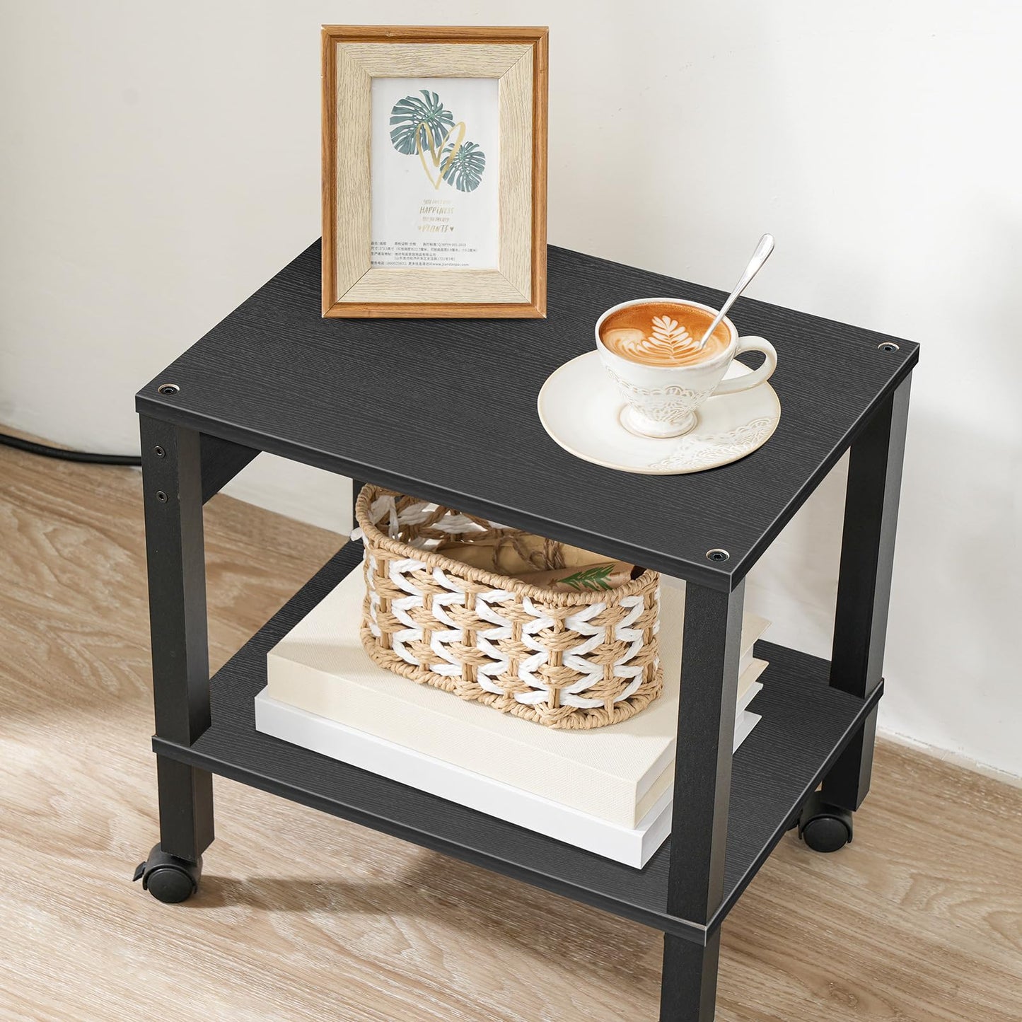 HOOBRO 2-Tier Printer Stand with Charging Station, Under Desk Printer Table, Printer Cart with Storage Shelves, Shelf for Small Spaces, for Home Office, Black BK38UPS01