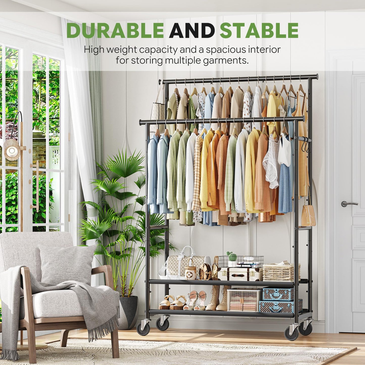 Ekisemio Double Rods Clothes Rack for Hanging Clothes, Rolling Clothing Rack with Wheels, 2-Tier Hanging Rack with Mesh Shelves, Holds 300 LBS for Bedroom, Laundry, Living Room, Black