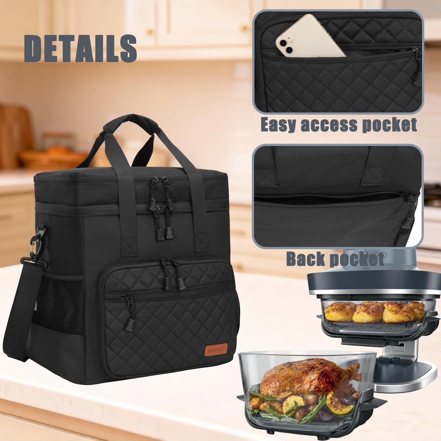 FURIMETY Air Fryer Carrying Bag Compatible with Ninja Crispi Pro 6-in-1 Glass Air Fryer, Double Layer Insulated Storage Bag for Ninja Crispi 6qt & 2.5qt Glass Containers, Quilted Black