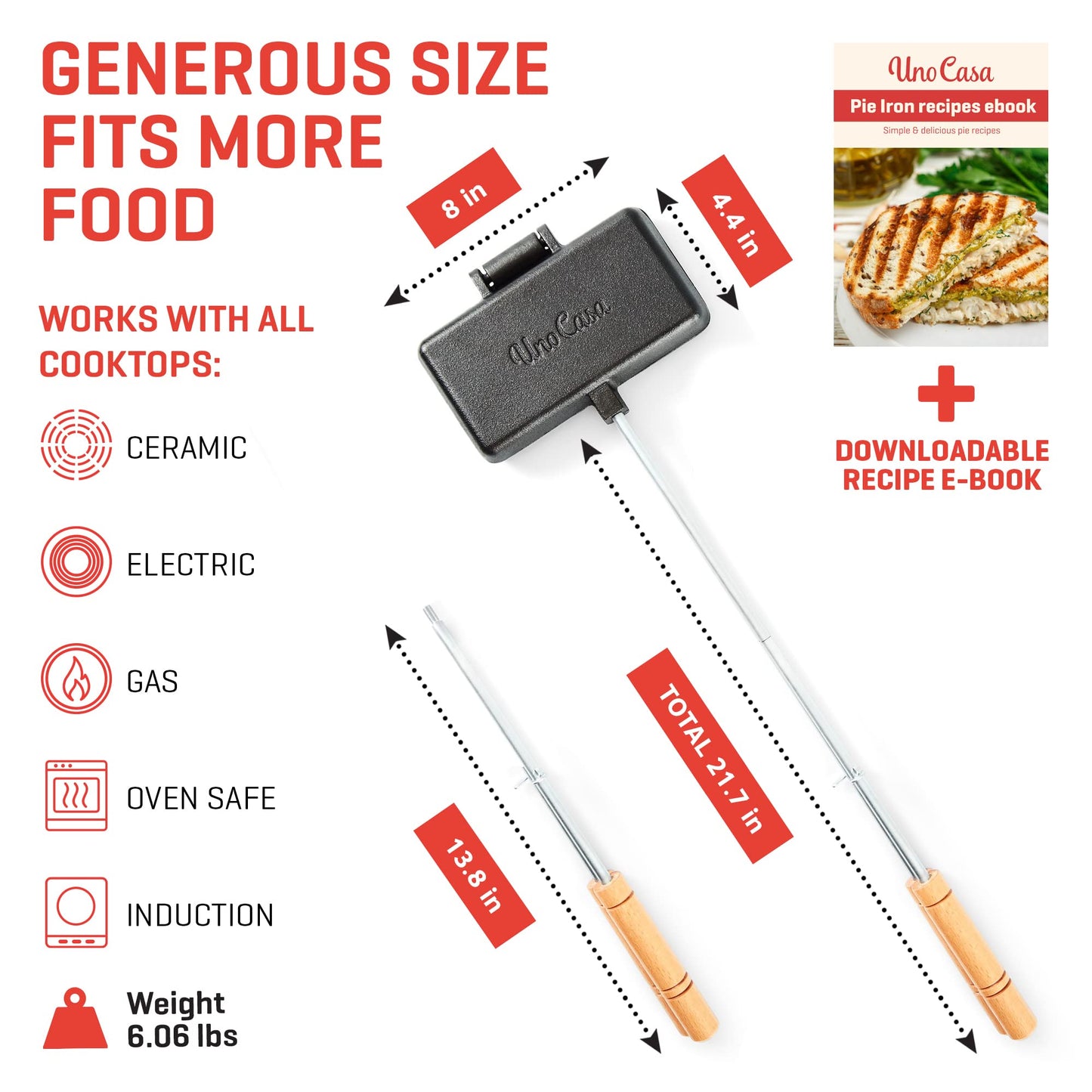 Uno Casa - XL Pie Irons Cast Iron Sandwich Maker - Mountain Japanese Sandwich Maker with Recipe Book - Durable Campfire Cooking Equipment for Toasted Pies, and More