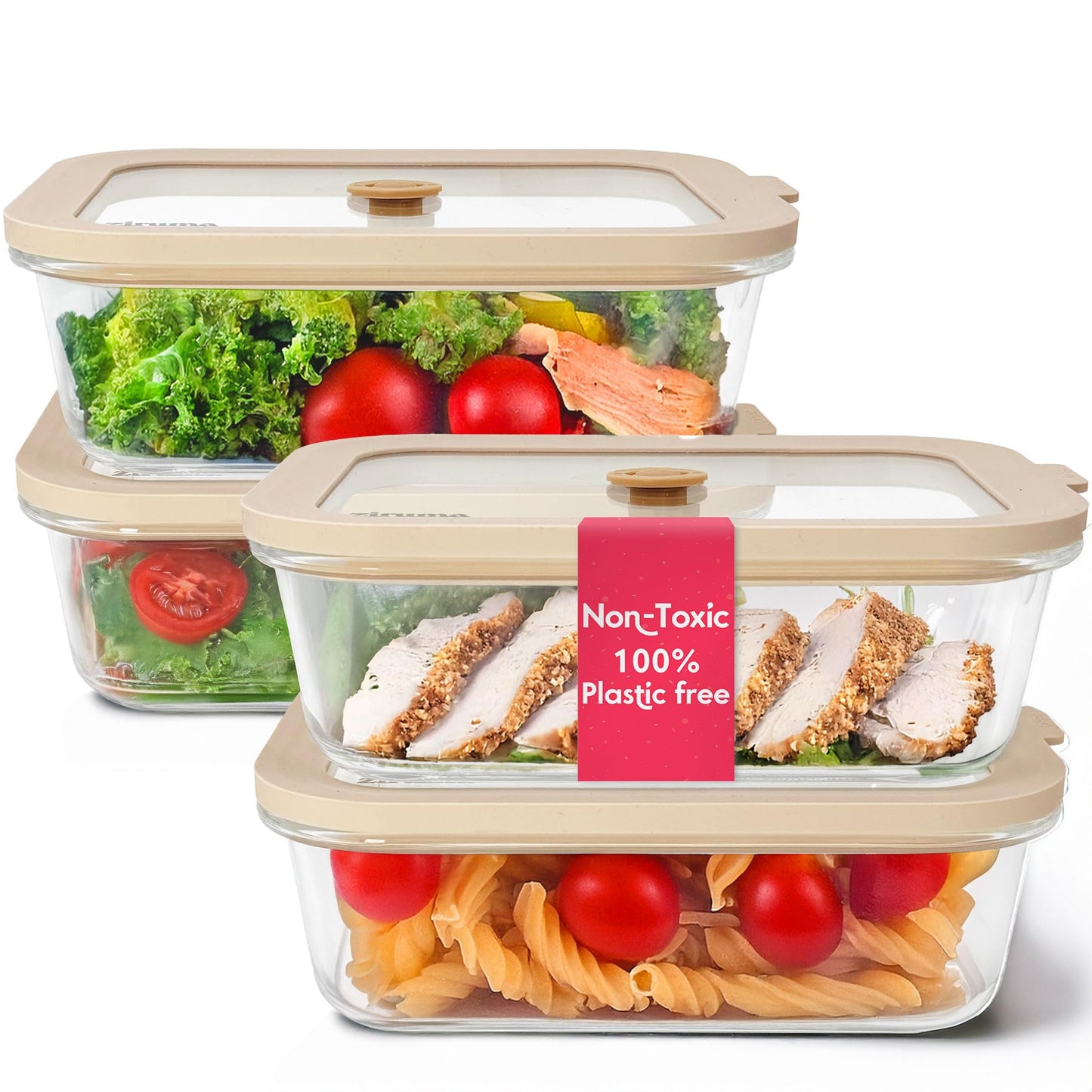 Non-Toxic 35 Oz (4.4 Cup) Glass Storage Containers with Lids – Plastic Free Meal Prep Containers for Lunch, Airtight Food Storage, Microwave and Freezer Safe, 4 Pack - Ziruma