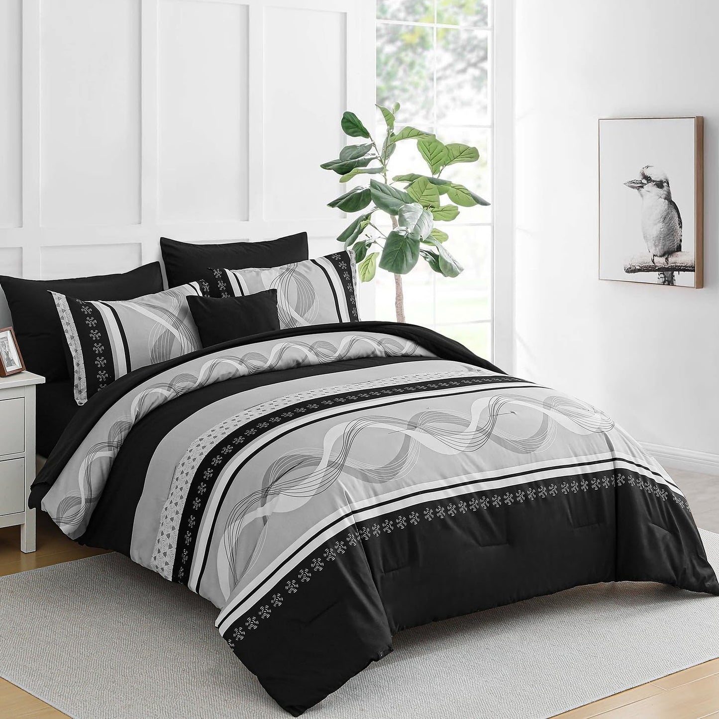 Anibedding Black Comforter Set King Size,8 Pieces Boho Bed in a Bag Patchwork Striped Comforter Set, Soft Microfiber Bedding Set for All Season(104"×90")