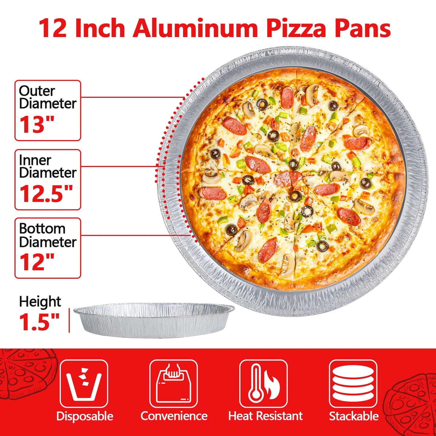 12 Inch Aluminum Pizza Pans, 25 Pack Disposable Round Foil Pizza Pan Trays, Oven & Freezer Safe Disposable Pizza Pan for Baking, Serving, Catering & Parties