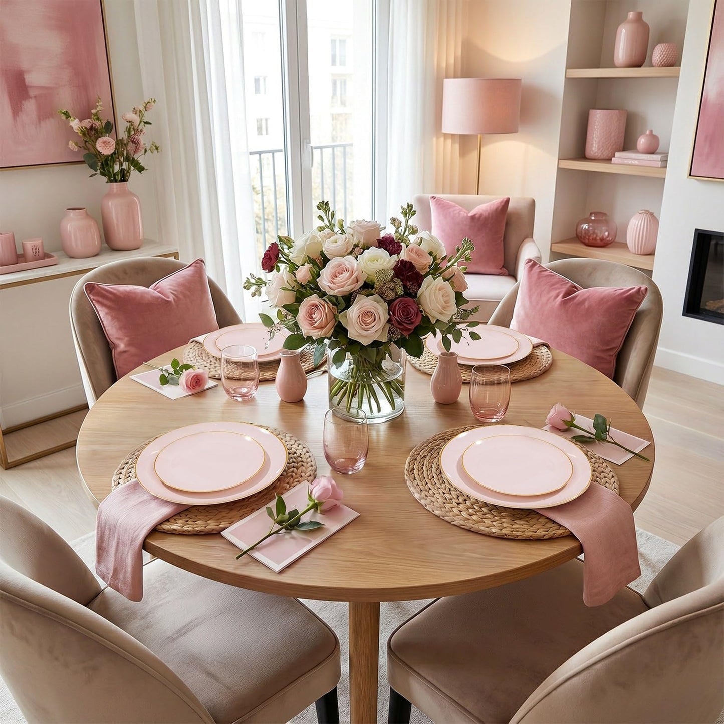 WDF 300Pcs Pink Plates Disposable - Pink and Gold Plastic Dinnerware Set for 50 Guests Include 50 Dinner & Cake Plates & 50 Disposable Cutlery & 50 9oz Cups for Wedding/Baby Shower/Birthday